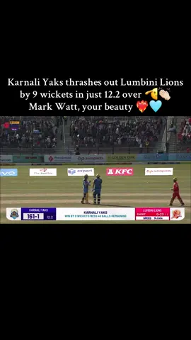 What a one sided chase by Karnali Yaks 🫨🔥 Yaks thrashed out Lions in just 12.2 overs ❤️‍🔥  Mark Watt, whattaa player he is 🥶 #SBLNPL #karnaliyaks #lumbinilions #markwatt #bijaybhusal5 