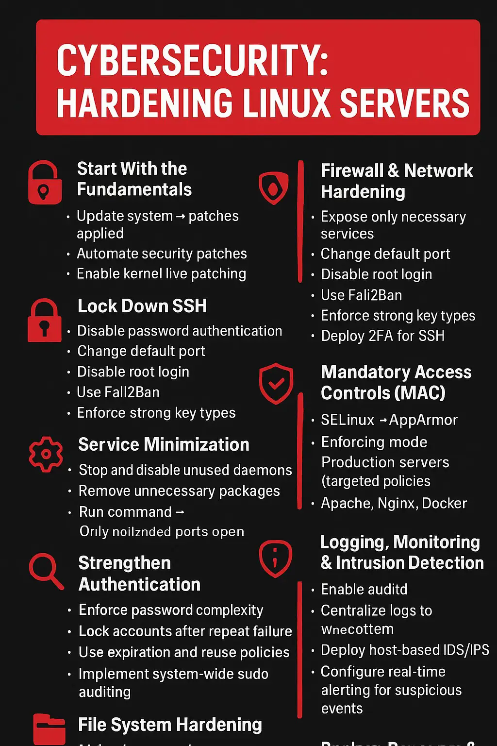 🔒 Cybersecurity Reality Check: Your Linux Server Isn’t “Secure by Default” — Harden It or Lose It If you still believe Linux servers are naturally secure because “hackers target Windows,” it’s time to retire that myth. Hardening is not optional — it’s survival. Here’s a practical, engineering-focused guide to fortifying your Linux environment against real-world attacks.    🧩 1. Start With the Fundamentals: System Updates & Patch Hygiene * Always update before deploying a new system:   `sudo apt update && sudo apt upgrade -y` * Automate security patches with unattended-upgrades or cron. * Enable kernel live patching (Canonical Livepatch / kpatch / ksplice) for critical infrastructure. Why? Unpatched services remain the #1 Linux attack vector — especially on internet-facing hosts.    🔐 2. Lock Down SSH — Your First Line of Defense Your SSH configuration determines whether your server is yours… or the attacker’s.     Critical SSH hardening: * Disable password authentication → *keys only*   `PasswordAuthentication no` * Change the default port (not security, but reduces noise) * Disable root login:   `PermitRootLogin no` * Use Fail2Ban to block brute-force attempts * Enforce strong key types: ed25519 or rsa 4096    🧱 3. Firewall & Network Hardening Expose only what you must.     For Ubuntu/Debian: * Allow only whitelisted ports   `ufw default deny incoming`   `ufw default allow outgoing` * Enable UFW logging for visibility     For enterprise/production environments: * Use **iptables/nftables** with explicit policy rules * Implement **port knocking** or **single-packet authorization** for stealth access * Enforce **segmentation** using VLANs + dedicated subnets    🔍 4. Service Minimization: Disable What You Don’t Need Every running service is another potential vulnerability. * Stop and disable unused daemons   `systemctl disable --now <service>` * Remove unnecessary packages (cups, avahi, bluetooth, rpcbind, etc.) * Run `netstat -tulnp` to confirm only intended ports are open    🔐 5. Strengthen Authentication & Password Policies Even in 2025, weak passwords still compromise servers daily. * Enforce password complexity with PAM * Lock accounts after repeated failures * Use `/etc/login.defs` to set expiration and reuse policies * Implement system-wide sudo auditing   Better option: Adopt centralized identity management (FreeIPA, OpenLDAP, Active Directory integration).   🛡️ 6. Mandatory Access Controls (MAC): SELinux / AppArmor MAC systems stop attackers even *after* they gain access.    SELinux: * Enforcing mode on production servers * Use targeted policies for high-risk apps (Apache, Nginx, Docker)     AppArmor (Debian/Ubuntu): * Restrict apps to least-privilege profiles * Prevent unauthorized filesystem, network, and process actions MAC = last-line defense against privilege escalation. ---  📦 7. File System Hardening Protect the OS itself. * Make `/boot` read-only * Mount `/tmp`, `/var/tmp`, and `/home` with `noexec`, `nodev`, `nosuid` * Enable disk encryption (LUKS) for sensitive data * Use `chattr +i` on critical files like `/etc/passwd`, `/etc/shadow`  🕵️ 8. Logging, Monitoring & Intrusion Detection You can’t defend what you can’t see. * Enable auditd for deep system visibility * Centralize logs to Splunk, ELK, or Wazuh * Deploy host-based IDS/IPS (OSSEC, Wazuh, Falco, Tripwire) * Configure real-time alerting for suspicious events    ⚙️ 9. Container & Virtualization Security If you're running Docker, Kubernetes, or VMs on Linux: * Never run containers as root * Use seccomp, AppArmor, or SELinux profiles * Regularly scan images for vulnerabilities * Harden hypervisors (KVM, Xen, VMware) with minimal host exposure    🛠️ 10. Backup, Recovery & Incident Response A hardened server still needs redundancy. * Implement automated, versioned backups (rsync, Borg, Veeam, Restic) * Test restore procedures monthly * Use immutable storage for critical backups * Maintain a Linux IR playbook   🚀 Final Thoughts Linux hardening is not a one-time action — it’s a continuous discipline.