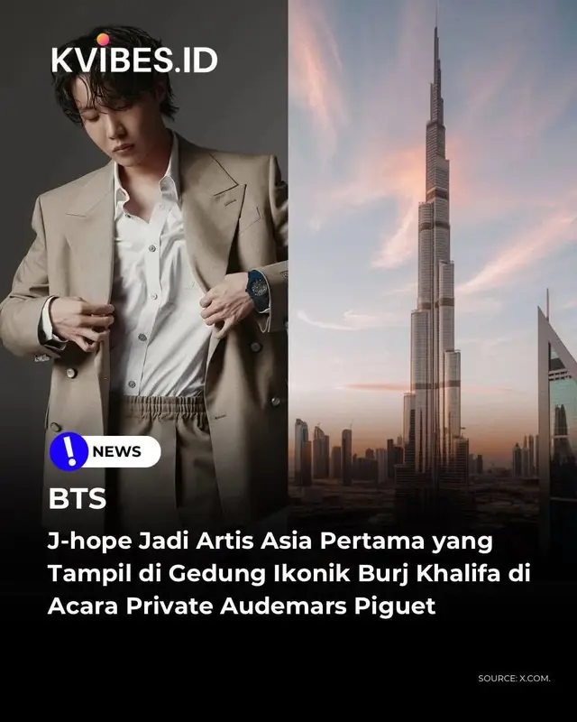 [K-UPDATE]  J-Hope kembali memperkuat posisinya sebagai ikon global dengan mencetak sejarah baru di Dubai. Member BTS tersebut menjadi artis Asia pertama yang tampil di dalam gedung ikonik Burj Khalifa, gedung tertinggi di dunia, dalam sebuah acara eksklusif yang digelar Audemars Piguet di Hotel Armani. Acara privat tersebut menjadi sorotan setelah J-Hope mempersembahkan penampilan memukau lagu “MONA LISA”, yang disambut antusias para tamu undangan. Penampilannya yang sempurna dan penuh karisma semakin menegaskan daya tarik artistiknya di panggung internasional. Kehadiran J-Hope di Dubai bertepatan dengan pameran perayaan 150 tahun Audemars Piguet, yang berlangsung pada 19 hingga 23 November 2025. Dalam kesempatan tersebut, ia turut memeriahkan acara peluncuran koleksi terbaru merek jam tangan mewah itu, CODE 11.59. Tidak berhenti di sana, Audemars Piguet menunjukkan penghormatan luar biasa kepada J-Hope selama kunjungannya. Kantor pusat mereka di Swiss bahkan menaikkan bendera Korea Selatan khusus untuk menyambut dan menghormati kehadirannya. Di Dubai, kantor pusat regional Audemars Piguet juga menambahkan album J-Hope ‘Jack In The Box (HOPE Edition)’ sebagai bagian dari display mereka, sebuah pengakuan simbolis yang memperlihatkan betapa besar dampak budaya dan artistik J-Hope di mata brand mewah dunia. ——— Sc. TheePopCore, worldmusicawards, mhereonlyforbts  By Network: @ibi.infobangtanina © KVIBES #pinkebomi 