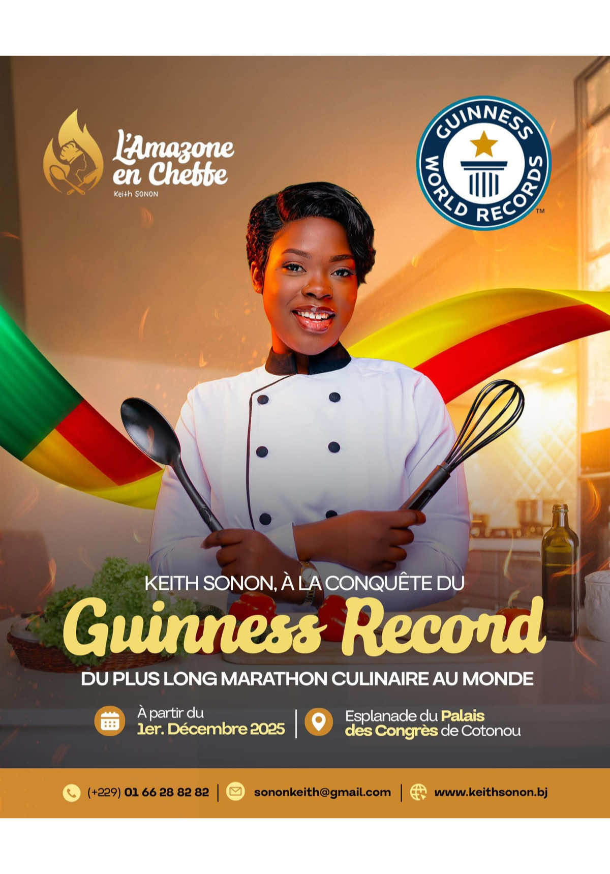 ✨ Fière de toi, fière du Bénin. ✨ Aujourd’hui, @Cheffe Keith SONON, une femme béninoise se lève pour inscrire notre pays dans l’histoire du Guinness World Records. Un marathon culinaire de 15 jours, avec courage, passion et détermination. Ma sœur, ton audace inspire. Ta force rassemble. Ton rêve devient le rêve d’un peuple tout entier. Je te soutiens de tout cœur. Que Dieu te donne l’énergie, la santé et la lumière pour aller jusqu’au bout. Le Bénin est derrière toi💪🏽🇧🇯❤️  #Keithsaunon#lamazoneencheffe#guinessworldrecords
