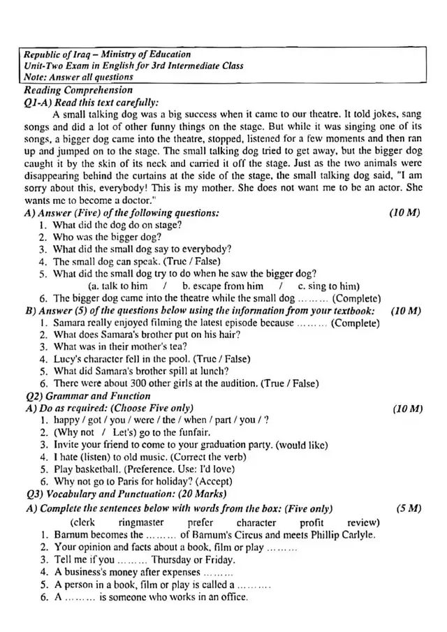 اسئله انكليزي الصف الثالث متوسط يونت 2