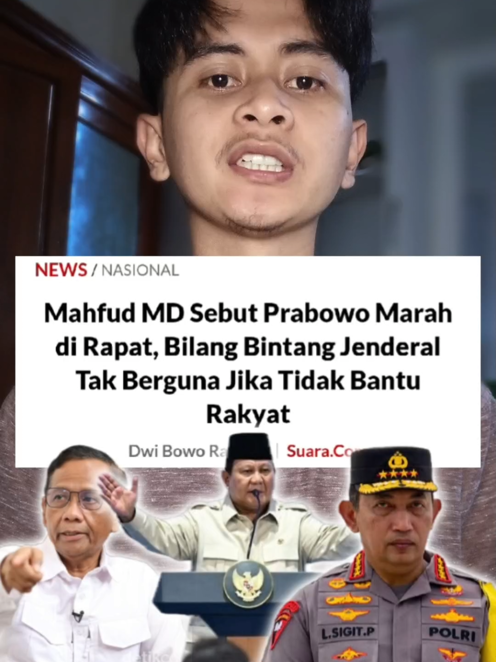 Mahfud MD bilang Prabowo marah di rapat, bilang bintang Jenderal tak berguna jika tak bantu rakyat Menurut Mahfud MD, dalam rapat pembentukan tim reformasi kepolisian, Prabowo buka rapat dengan data intelijen dari luar negeri—bukan dari laporan internal.  Artinya, “Eh, saya pakai data dari luar negeri karena yang di dalam negeri kok… ya gitu deh.” Kemudian, suara “ledakan” itu datang: > “Eh kamu Pak Listyo, Pak Agus Panglima, tidak ada gunanya kamu bintang ini, kalau tidak bisa membantu rakyat dengan mengatasi hal-hal ini.”  Wah. Bintang jenderal, tapi kalau rakyat belum terbantu… ya dikasih “rating nol”. Intinya: jabatan tinggi, pangkat gemilang… tapi kalau bocoran kekayaan negara masih jalan terus, ekspor-impor tak seimbang, intervensi politik masih kuat… eh, jadi “bintang”nya cuma buat pajangan.  Prabowo bilang: kalau pangkat atau bintang itu nggak bikin perbedaan nyata buat rakyat — ngapain juga ada?