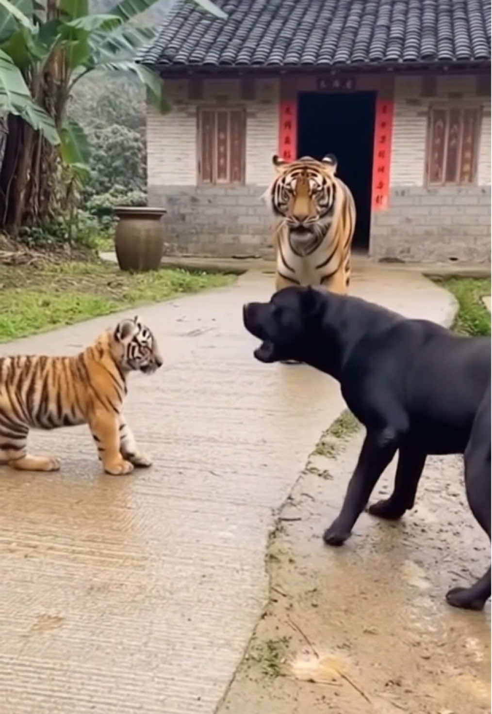 Bullying the babynot knowing the mom is right😂😂 behind#dog#dogs #tiger #petvideos#funnyanimals 