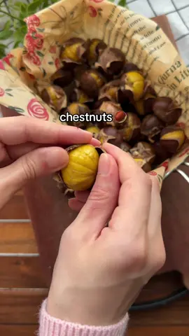 Roasted chestnuts 🌰 •	First, wash the chestnuts with water 	•	Make a slit in each chestnut with a knife 	•	Leave the chestnuts in room-temperature water for 20 minutes 	•	Place them in the oven (without drying them) for about 15 minutes 