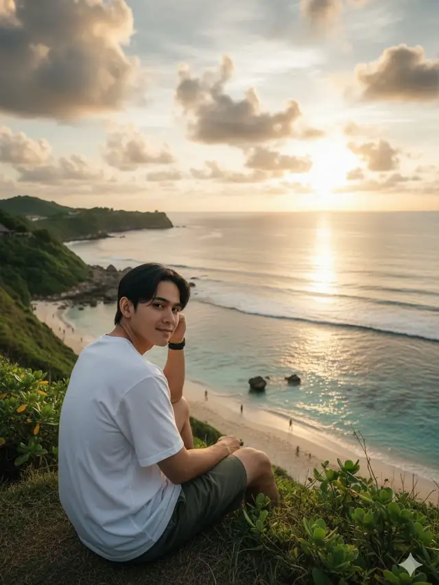 Prompt : Buatkan foto pria ini tanpa merubah wajah dan rambutnya, menampilkan seorang pria yang sedang berpose di tepi tebing, menghadap ke lautan yang luas dengan latar belakang matahari terbenam atau terbit yang indah. Ia terlihat santai dan stylish, mengenakan kaos putih longgar berlengan pendek yang dimasukkan sebagian, dipadukan dengan celana pendek berwarna hijau army atau khaki gelap. Model sedang duduk di tepi tebing, duduk membelakangi kamera dengan wajah menoleh ke arah kamera tersenyum tipis. Ia menyangga kepalanya dengan tangan kanan, siku bertumpu pada lutut kanannya, menunjukkan pose kontemplatif atau penuh gaya. Di pergelangan tangan kirinya terlihat mengenakan jam berwarna hitam. Latar Belakang (Pemandangan) Lokasi pengambilan foto adalah di atas tebing yang ditumbuhi rerumputan dan semak belukar hijau yang subur. Di bawah tebing, terlihat garis pantai berpasir yang sempit dengan air laut yang tampak tenang. Air di bagian pantai terlihat lebih jernih dan dangkal, dengan beberapa batu karang yang terpapar. Terdapat beberapa orang lain yang terlihat kecil sedang berjalan di area pantai, menunjukkan bahwa ini adalah lokasi wisata yang populer. Di kejauhan sebelah kiri, terlihat formasi tebing/bukit batu yang menjorok ke laut, ditutupi vegetasi hijau. Pencahayaan dan Suasana Pencahayaan foto sangat dramatis, didominasi oleh cahaya keemasan dari matahari yang baru terbit atau terbenam. Matahari berada di sebelah kanan atas bingkai, memancarkan sinar yang terang dan memantul di permukaan air laut (sun flare). Langit dipenuhi dengan awan berwarna putih, abu-abu, dan keemasan/oranye yang indah, menambah tekstur pada latar belakang. Bayangan pada subjek dan tebing menunjukkan bahwa sumber cahaya datang dari belakang dan samping, menciptakan efek rim light pada siluet model. Warna air laut bervariasi dari hijau toska di dekat pantai hingga biru gelap di bagian tengah. Secara keseluruhan, foto ini menangkap momen liburan yang tenang dan berkelas di lokasi pantai bertebing, kemungkinan besar di Bali atau daerah serupa di Indonesia, dengan komposisi yang fokus pada subjek berlatar belakang pemandangan alam yang megah. #ai #prompt #geminiai #foryoupage #fyp 