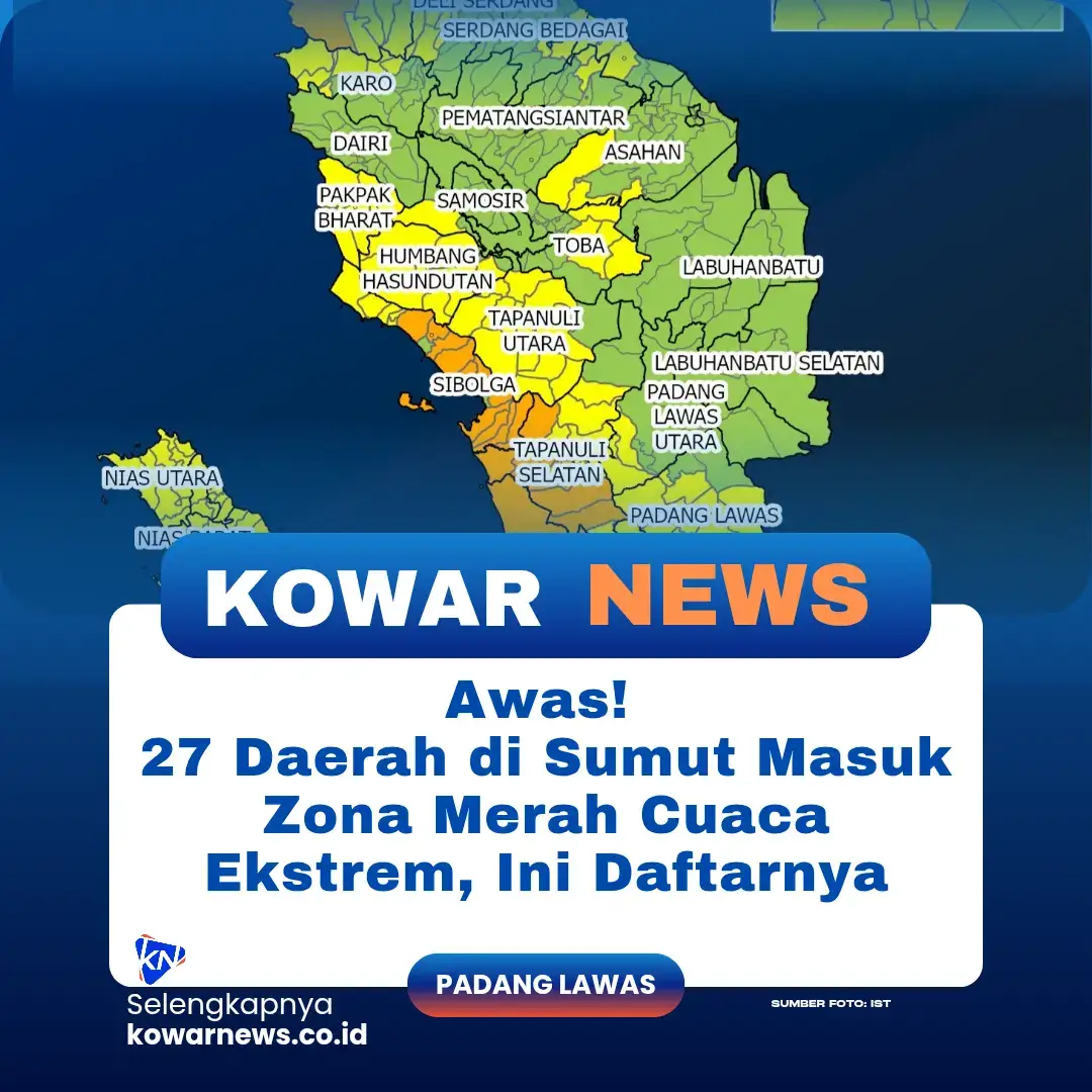 Padang Lawas, Kowarnews.co.id – Badan Meteorologi, Klimatologi, dan Geofisika (BMKG) Balai Besar Wilayah I Medan mengeluarkan peringatan dini terkait potensi cuaca ekstrem yang diprediksi berlangsung pada 22–27 November 2025 di wilayah Sumatera Utara, sabtu 22 November 2025. Dalam pernyataan resminya, BMKG menegaskan bahwa sedikitnya 27 daerah masuk dalam kategori zona merah cuaca ekstrem dengan potensi hujan lebat hingga sangat lebat. BMKG menjelaskan bahwa kondisi Indian Ocean Dipole (IOD) negatif diperkirakan masih berlangsung hingga Desember 2025 dan berdampak pada meningkatnya suplai uap air di wilayah pantai barat Sumatera Utara. Fenomena ini turut diperkuat oleh aktivitas gelombang atmosfer yang masih terpantau aktif dan menambah pasokan udara basah di wilayah tersebut. Selain itu, BMKG mengidentifikasi adanya sistem tekanan rendah (95B) di sekitar Selat Malaka yang memicu pertemuan serta belokan angin signifikan di Sumatera Utara. Kondisi ini menyebabkan meningkatnya pertumbuhan awan Cumulonimbus (CB) yang berpotensi menghadirkan hujan intensitas tinggi, petir, serta angin kencang. Tingginya kelembapan udara di Sumut juga ikut memperkuat potensi hujan lebat dalam beberapa hari ke depan. Adapun wilayah yang berpotensi terdampak cuaca ekstrem meliputi Kabupaten Dairi, Pakpak Bharat, Humbang Hasundutan, Nias, Nias Selatan, Nias Utara, Nias Barat, Kota Gunungsitoli, Tapanuli Tengah, Kota Sibolga, Tapanuli Selatan, Kota Padang Sidempuan, Tapanuli Utara, Mandailing Natal, Padang Lawas, Padang Lawas Utara, Langkat, Medan, Binjai, Deli Serdang, Karo, Simalungun, Samosir, Serdang Bedagai, dan Kota Tebing Tinggi. Melalui surat tersebut BMKG mengimbau masyarakat untuk meningkatkan kewaspadaan terhadap potensi banjir, banjir bandang, serta longsor di daerah rawan, termasuk kawasan perbukitan dan lereng curam. Masyarakat pesisir pantai barat Sumut juga diminta mewaspadai gelombang tinggi dan angin kencang yang berpotensi menimbulkan kerusakan. Karena kondisi cuaca bersifat dinamis, BMKG meminta masyarakat untuk terus memantau pembaruan informasi melalui kanal resmi BMKG dan media sosial resmi @infobmkgsumut. Instansi pemerintah daerah, BPBD, TNI, dan Polri juga diimbau memperkuat koordinasi guna mendukung kesiapsiagaan menghadapi dampak cuaca ekstrem. (Red) #bmkg #bpbd #sumut #banjir #hujan 