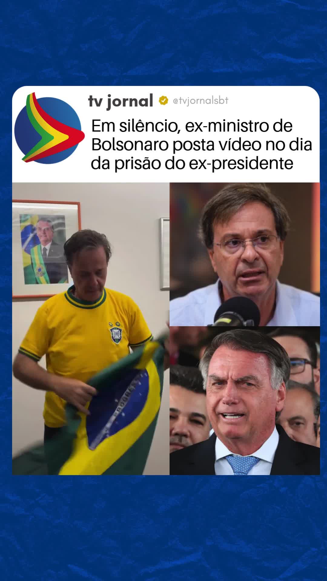 PRISÃO BOLSONARO | Após a prisão preventiva do ex-presidente Jair Bolsonaro, decretada neste sábado (22) pelo ministro do Supremo Tribunal Federal (STF), Alexandre de Moraes, o ex-ministro do Turismo, Gilson Machado, publicou um vídeo em suas redes sociais sem dizer nenhuma palavra, apenas em silêncio. Nas imagens, ele retira a camisa que estava usando, a substitui por uma camisa do Brasil e, em seguida, coloca a bandeira nacional sobre os ombros. Confira! (IMAGENS: Redes sociais/Gilson Machado | Jailton Junior/JC Imagem | Lula Marques/Agência Brasil) *jm #bolsonaro #pf #prisão #alexandredemoraes #gilsonmachado *digital #digital