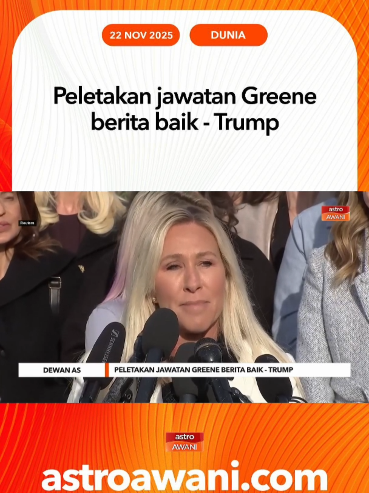 Donald Trump anggap peletakan jawatan Marjorie Taylor Greene sebagai berita baik, dakwa ia berpunca daripada sokongan merosot dan tekanan pemilihan semula. #AWANInews
