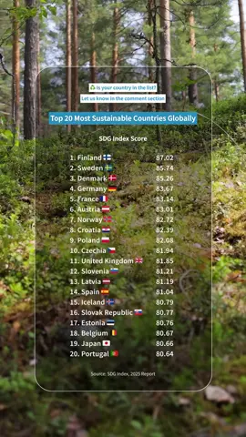 🌿 Which countries are actually delivering on sustainability? This SDG Index ranking doesn’t just track ambition, it tracks outcomes. From Finland to Portugal, these are the top 20 countries leading the way on climate action, clean energy, and sustainable development. Want to see how global progress is shaping investment strategy? ➡️ delphos.co/learnmore #Findland #Sweden #Denmark #Sustainability #Climate