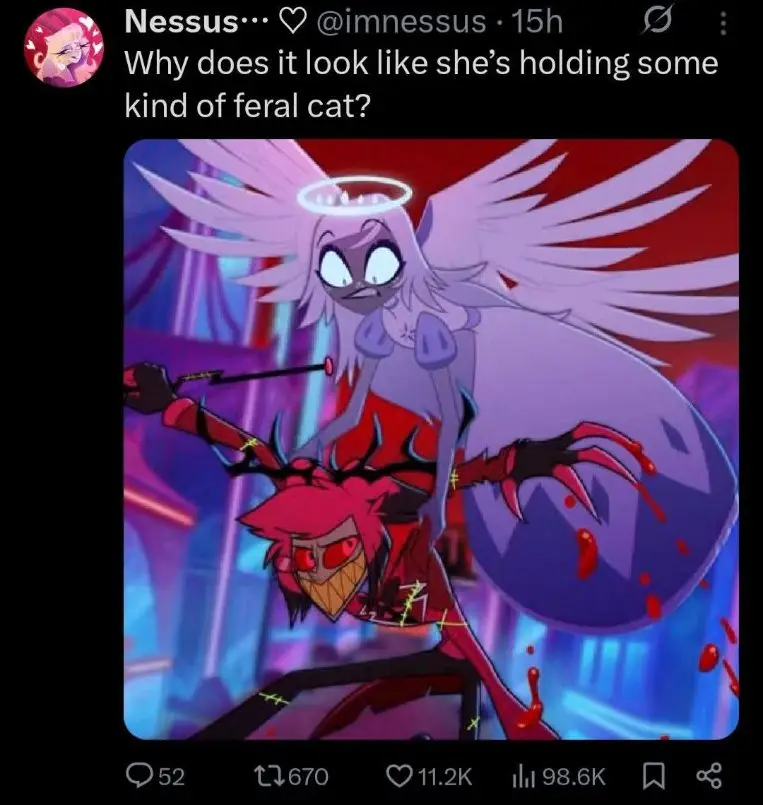 Alastor is that one feral cat you're trying to save during a fire it's like come here I'm trying to help you  #alastorhazbinhotel  #emilyhazbinhotel  #hazbinhotel 