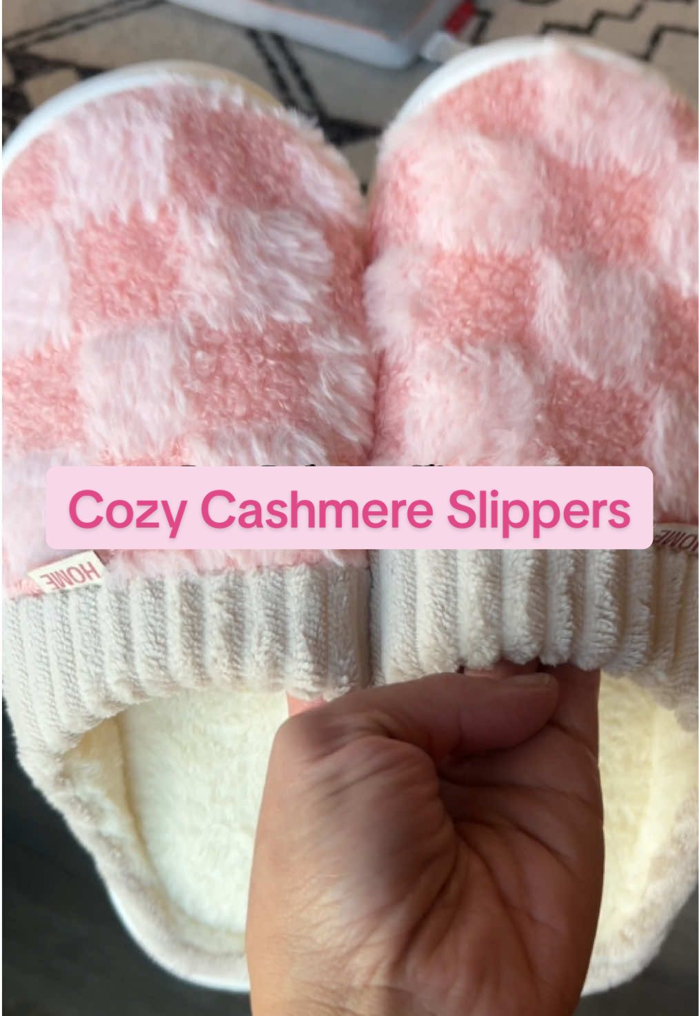 Pink checkered cozy cashmere slippers to wear around the house… plus they are slip-proof! 🩷 #slippers #slippershoes #giftsforher #tiktokshopblackfriday #cozyathome 