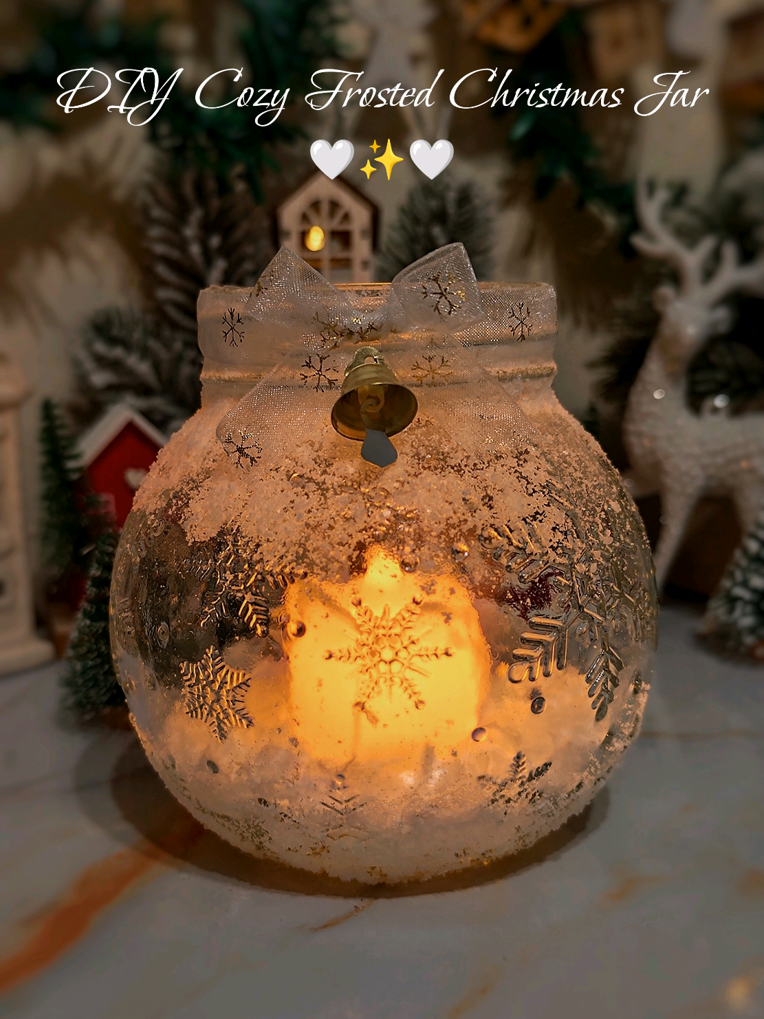 DIY Cozy Frosted Christmas Jar ❄️🤍 Looking for a simple and beautiful Christmas DIY? 🎄 Here’s how to make a Frosted Christmas Jar — quick, cozy and festive. #christmas #recycleidea #christmasDIY #christmasdecor #christmascrafts 