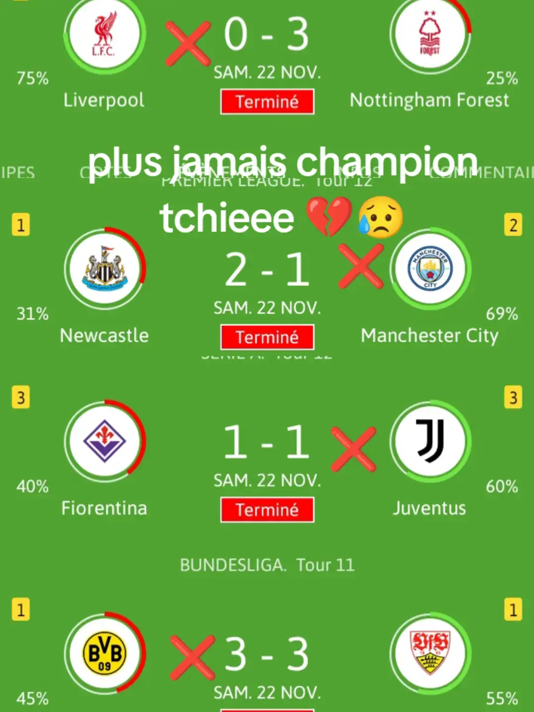 faut plus jamais tu vas publier coupon heiii💔 City ❌ Liverpool ❌ Juventus Turin ❌ Dortmund ❌💔💔😥😥😥🫴