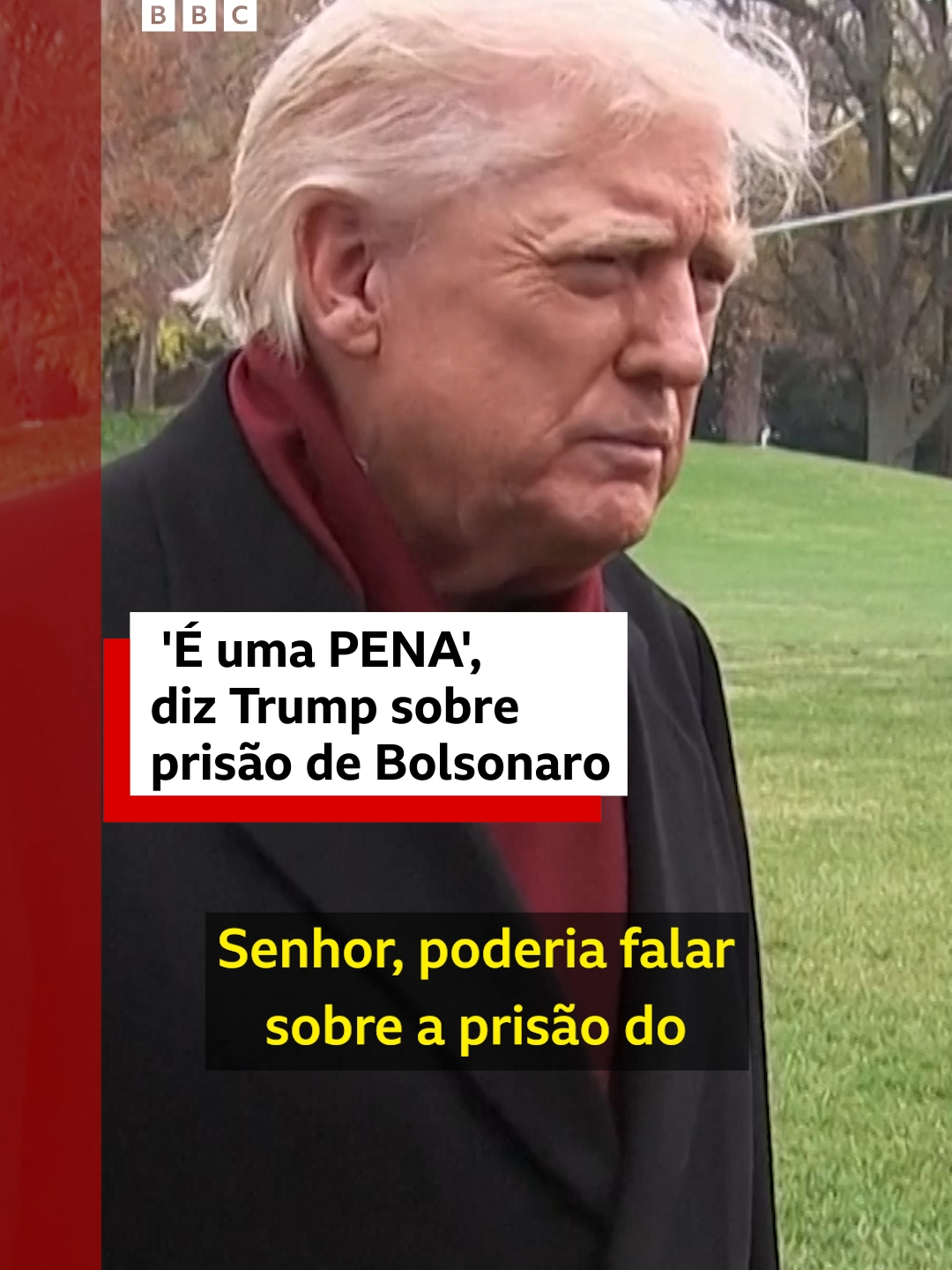 'É uma pena'🗣🇺🇸 Repórteres pediram neste sábado (22/11) que o presidente dos Estados Unidos, Donald Trump, comentasse sobre a prisão do ex-presidente Jair Bolsonaro. Trump, no entanto, disse não estar sabendo dos últimos acontecimentos no Brasil. 