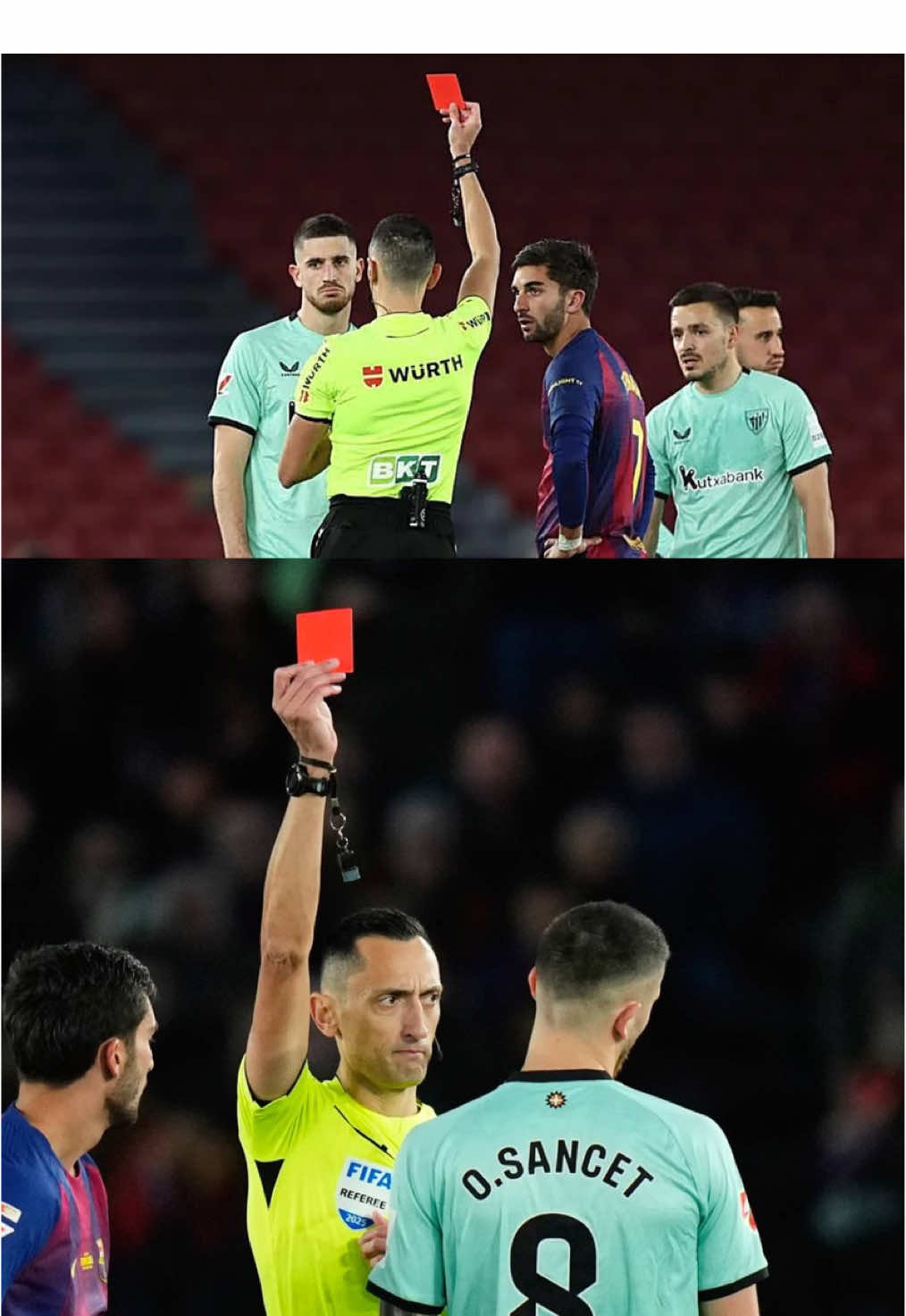 👀 ¡Momento tenso en el Spotify Camp Nou: Oihan Sancet fue expulsado en el minuto 54 tras una entrada muy dura sobre Fermín López.  Al principio el árbitro le mostró amarilla, pero el VAR intervino, revisó la jugada en el monitor y cambió la sanción por roja directa. 🟥  Una patada a la altura de la rodilla, una acción polémica que dejó al Athletic con 10 justo cuando el Barça dominaba.  #roja #FCBarcelona #tarjetaroja #CampNou #var 
