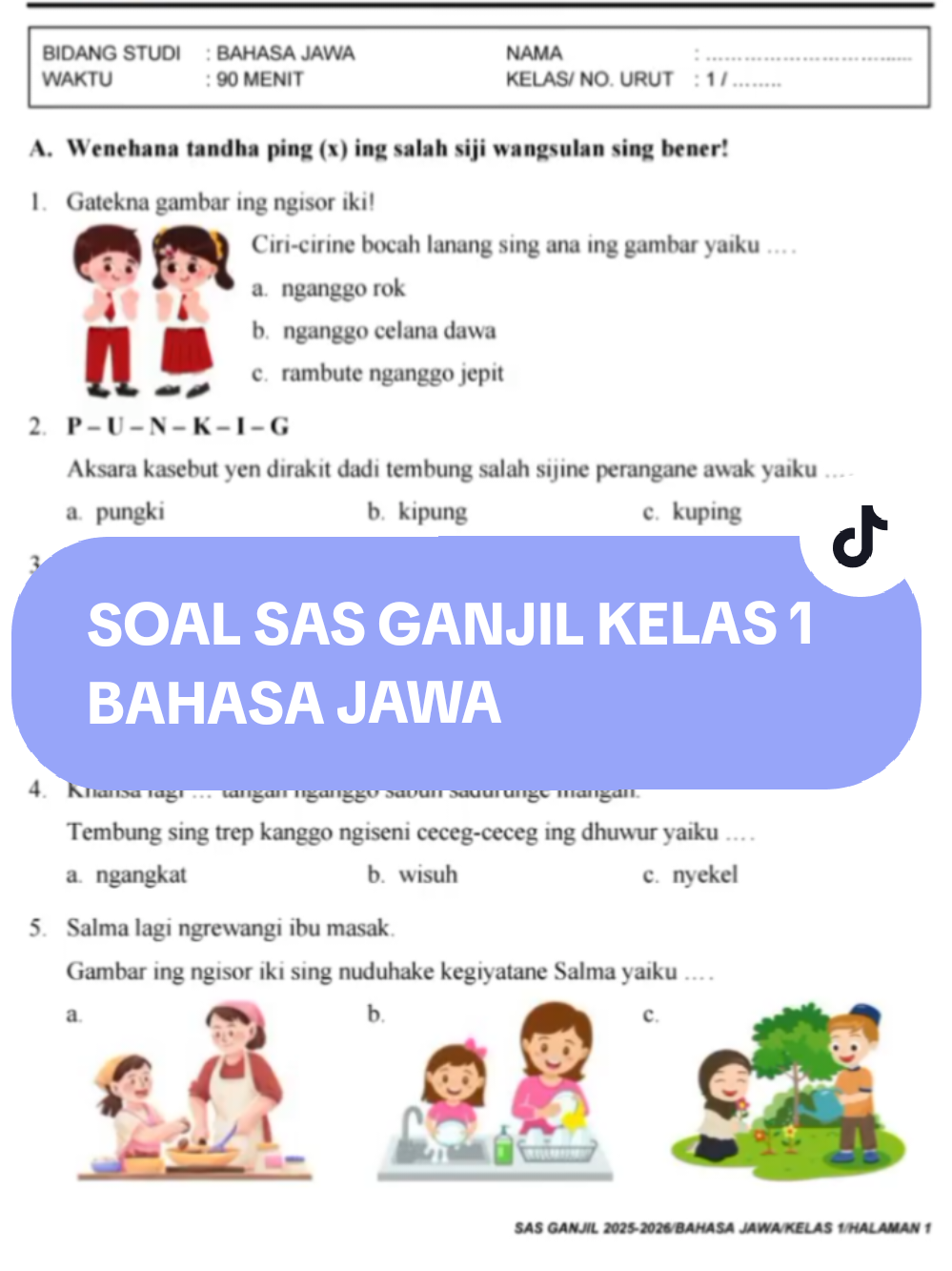 Soal Asesmen Sumatif Akhir Semester Ganjil Kelas 1 SD Bahasa Jawa Lengkap 6 Bentuk Soal (Piihan Ganda, Pilihan Ganda Kompleks, Benar Salah, Menjodohkan, Isian, Uraian) #soal #sasganjil #bahasajawa #kelassatu #kurikulummerdeka 