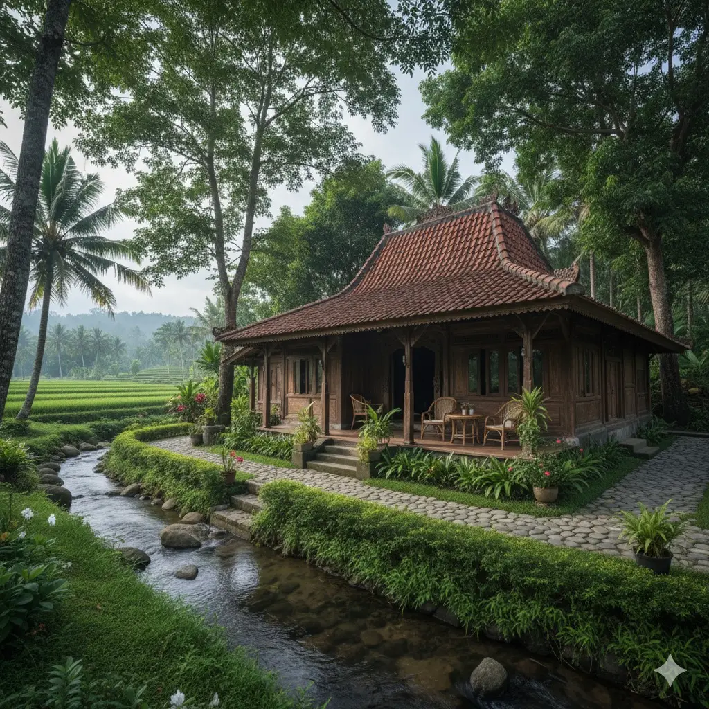 Kadang yang paling kita rindukan bukan rumah besar, tapi suara gemericik air sungai yang mengalir di dekat rumah kita, angin pagi yang bawa aroma rerumputan dan tanah basah, kursi rotan yang nyaman untuk bercerita atau sekedar menikmati hangat teh manis atau kopi. Di sini, hidup terasa berjalan pelan… dan rumah seperti ini mengajarkan satu hal: kenyamanan itu lahir dari kesederhanaan. Bukan dari apa yang kita punya, tapi dari cara kita berhenti sejenak dan benar-benar merasakan hidup. #desainrumah #rumahidaman #rumahtropis #fyppppppppppppppppppppppp  #pedesaan 