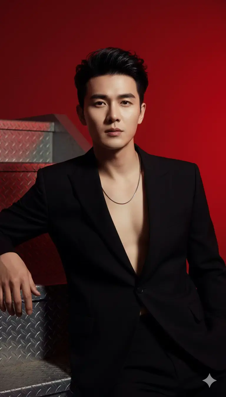 Sử dụng khuôn mặt này mà không tăng cường hoặc thay đối nó theo bất kỳ cách nào. Tạo một bức chân dung biên tập thời trang cao cấp của một chàng trai trẻ tự tin trong bối cảnh studio màu đỏ táo bạo, ấn tượng. Anh ấy đang thản nhiên dựa vào bậc thang kim loại, toát lên sức hút và sự đĩnh đạc dễ dàng. Mái tóc sướt lên tạo độ phồng như mẫu Anh ấy mặc một bộ vest kiểu dáng đẹp, màu đen, vừa vặn với đường viền cổ chữ V sâu để lộ gợi ý tinh tế của ngực anh ấy, được trang bị thêm một chiếc vòng cổ dây chuyền bạc tối thiểu. Ánh sáng đầy tâm trạng và điện ảnh, tạo ra những bóng tối mềm mại nhấn mạnh đường viền hàm của anh ấy và kết cấu của chiếc thang. Phông nền màu đỏ nên chiếm ưu thế trong khung hình, tượng trưng cho niềm đam mê, sức mạnh và sự quyền rũ, trong khi độ dốc tinh tế của màu đỏ thẫm và đỏ tươi tạo thêm chiều sâu cho bố cục. Nắm bắt sự cân bằng giữa sự tinh tế và cạnh tranh, làm cho đôi tượng trông giống như một nàng thơ hiện đại trong một chiến dịch sang trọng - tự tin, phong cách điệu và từ tính. Bầu không khí tổng thể phải mang lại cảm giác gợi cảm, mạnh mẽ và nối bật về mặt thị giác, hoàn hảo cho một tạp chí cao cấp hoặc bộ sưu tập nhiếp ảnh nghệ thuật đương đại.