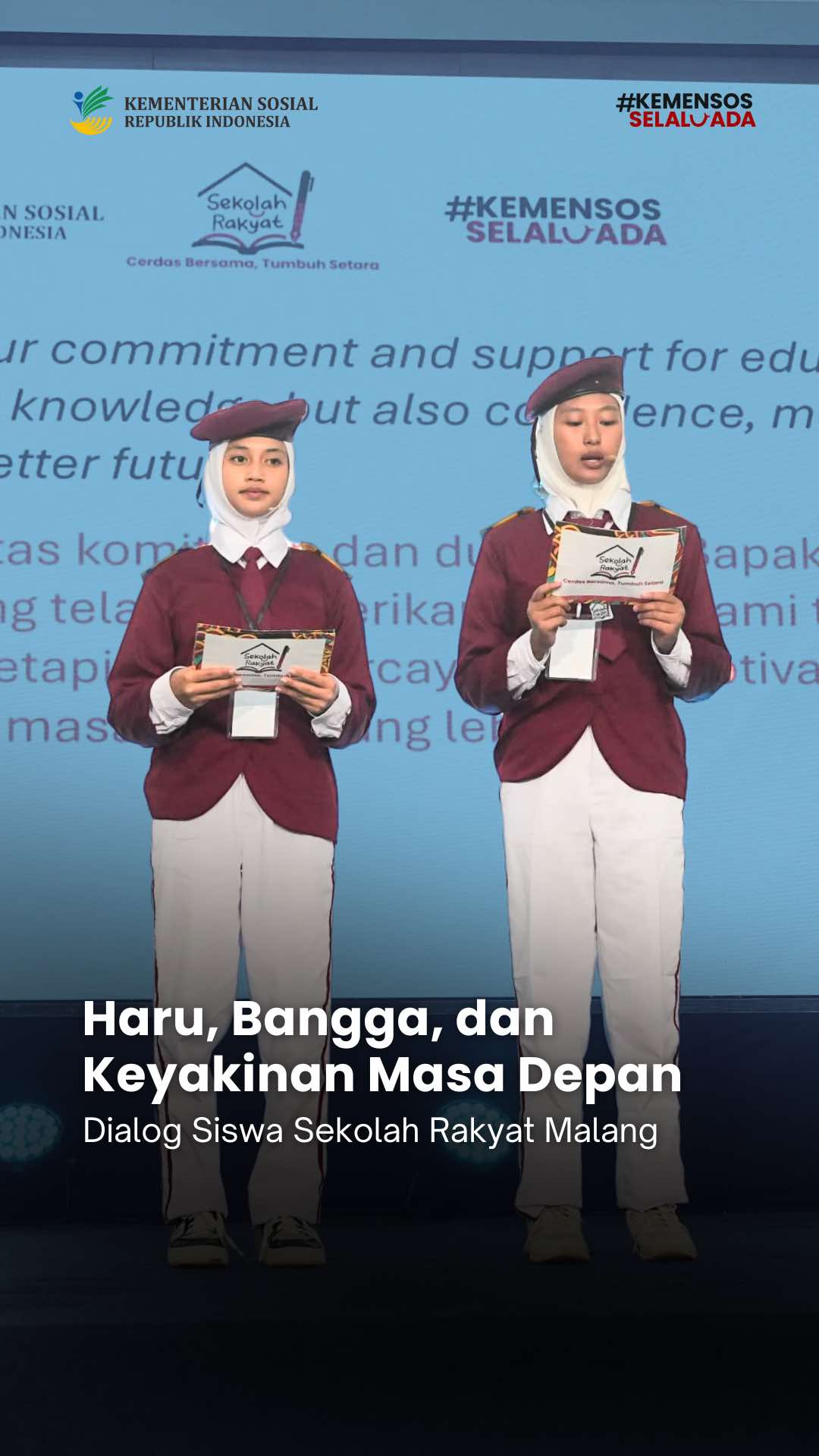 Dialog Kesejahteraan Sosial dan Sekolah Rakyat di SRT 47 Malang (20/11) berlangsung meriah dengan berbagai penampilan siswa seperti tarian, silat, pidato, puisi, hingga paduan suara. Ada beberapa momen yang membuat suasana semakin hangat dan penuh haru, terutama dalam interaksi antara siswa, orang tua, dan Mensos Gus Ipul.  Yuk, simak video selengkapnya.