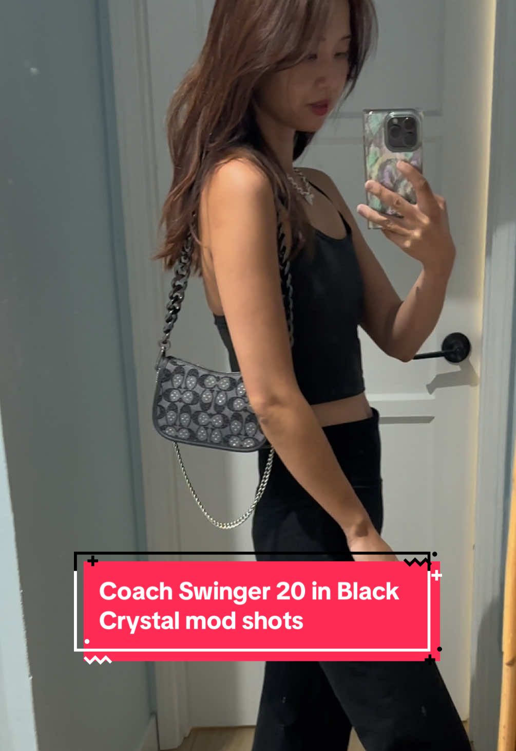 Mod shots for the #coach swinger 20 in black crystal jacquard but I changed out the shoulder strap with one from Amazon. I don’t love how chunky it is, though, and will be looking for a different one. Either way, the original swinger strap is too short! #bagoftheday #coach #coachbag 