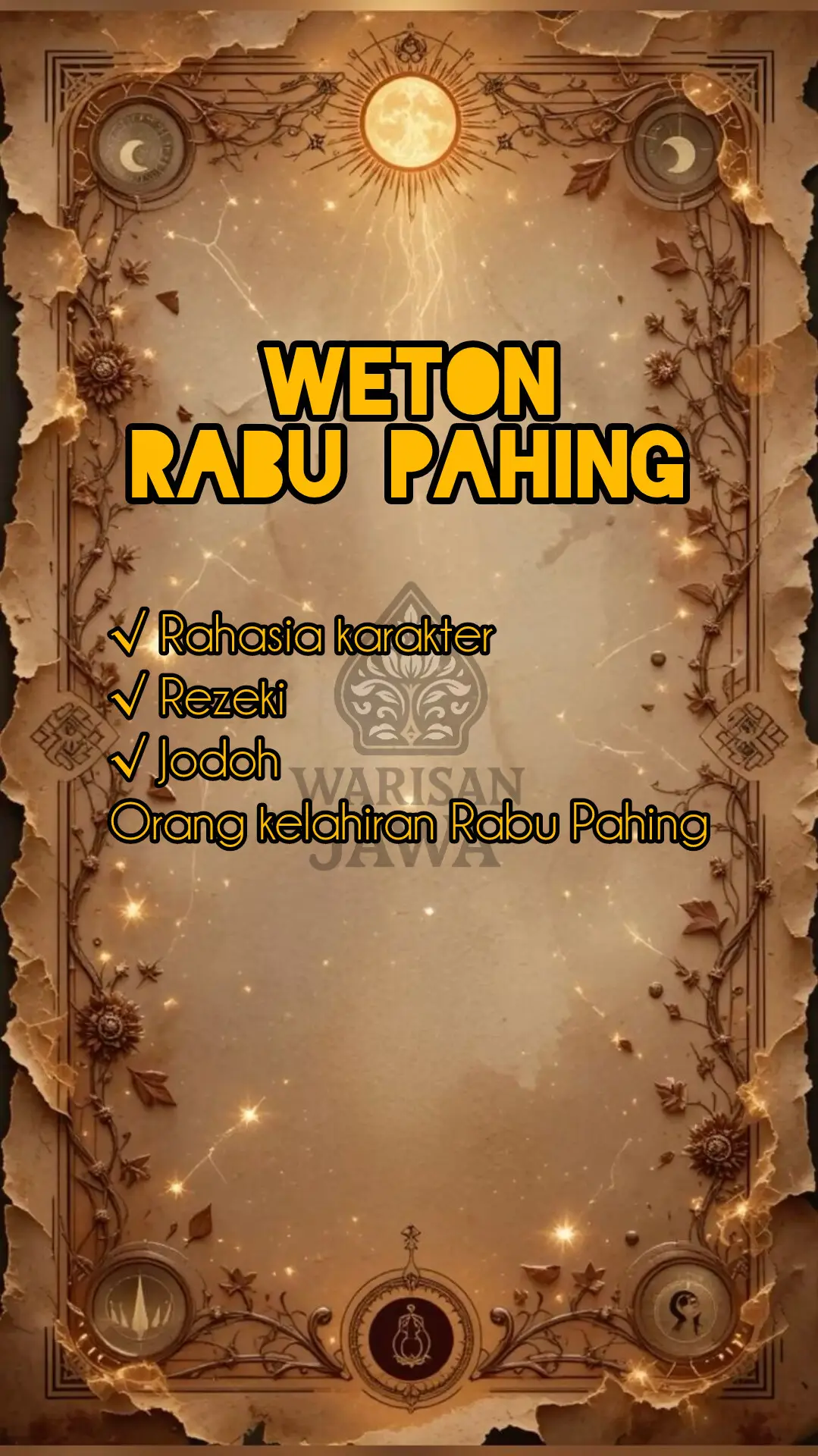 “Weton Rabu Pahing dalam Primbon Betaljemur Adammakna disebut ‘Geni Wening’: api yang kuat namun jernih, sabar namun tegas.” Neptu: 16 Energi: Api / Ketenangan / Wibawa Kalau kamu Rabu Pahing, komen: ‘Aku tenang, tapi kuat.’ 🔥🌙 — #RabuPahing #fyp #fyppppppppppppppppppppppp  #warisan_jawa  #primbonjawa 
