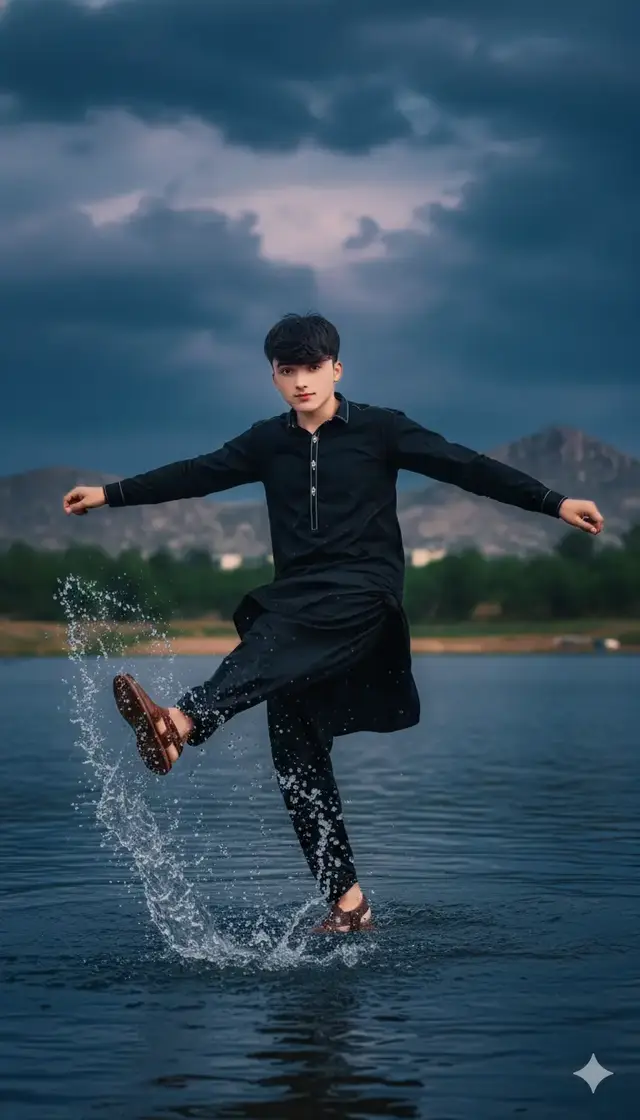 Gemini photo edit promod:👇 A 17 years old stands playfully in shallow water, captured mid-motion as he lifts one leg and splashes water forward. He is wearing a pathan wale kapree bleck and sandals. His body leans slightly back with one arm extended for balance, giving the pose an energetic, dynamic feel. The man has short dark hair, a  and , confident vibe. The water below reflects shades of deep blue, with ripples forming around his raised foot. Droplets of water are frozen in the air the sense of movement. Behind him, the landscape transitions into a blurred shoreline with greenery and distant rocky hills. The sky above is dramatic, filled with thick, textured clouds in gradients of blue and gray, creating a moody but cinematic atmosphere. Vivid colors, high contrast, soft background blur, and a cool-tone aesthetic