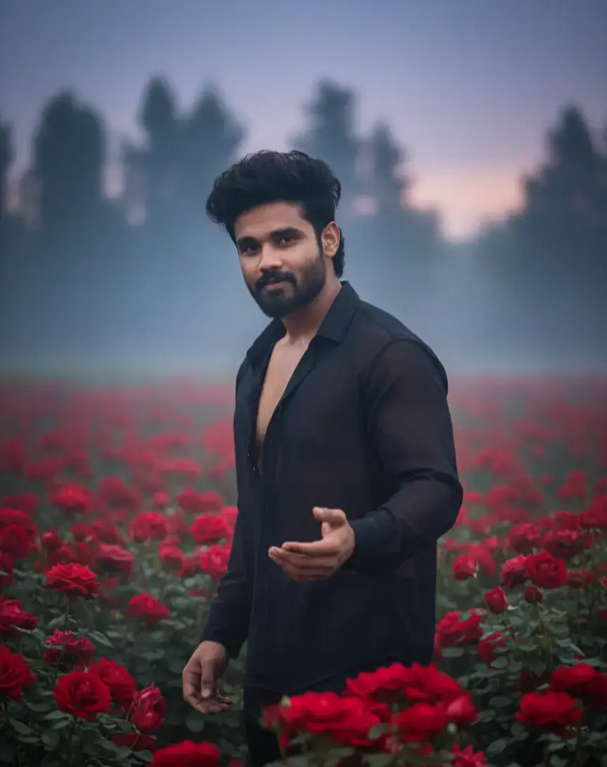Gemini picture editing promts tutorial how to make Gemini Al PICS HERE'S step by step open Gemini upload your picture copy and paste Gemini promts.......more UItra-realistic 16K image. A young handsome Indian man stands in a field of vibrant red roses, with a misty atmosphere around him. He wears a black chiffon transparent shirt His hair is VOLUMINOUS, he gazes softly at the camera, one hand slightly extended. The background features blurred silhouettes of trees against a twilight sky, adding a dreamy quality to the scene. #trending #creatorsearchinsight #foryou #foryoupage #gemini 