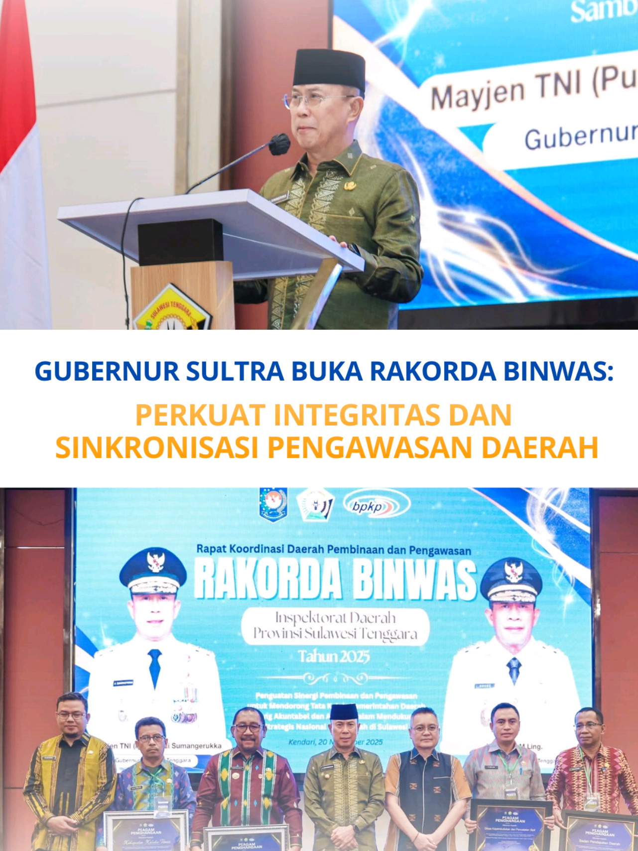 Gubernur Sultra, Mayjen TNI (Purn.) Andi Sumangerukka, resmi membuka Rakorda Binwas Inspektorat Daerah Sultra 2025.  Beliau menegaskan pentingnya integritas, sinkronisasi pengawasan, serta penguatan SPIP, MCSP, dan manajemen risiko untuk mewujudkan tata kelola pemerintahan yang semakin transparan dan akuntabel.  Rakorda diikuti Inspektur dan Kepala Daerah dari 17 Kabupaten/Kota se-Sultra, sekaligus penandatanganan komitmen bersama dan penyerahan penghargaan TLHP terbaik.  #AndiSumangerukka #ASR #ASR_Hugua #ASRmembangun #SultraMajuAmanSejahteraReligius