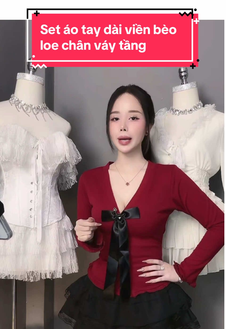 Set áo tay dài viền bèo loe chân váy tầng