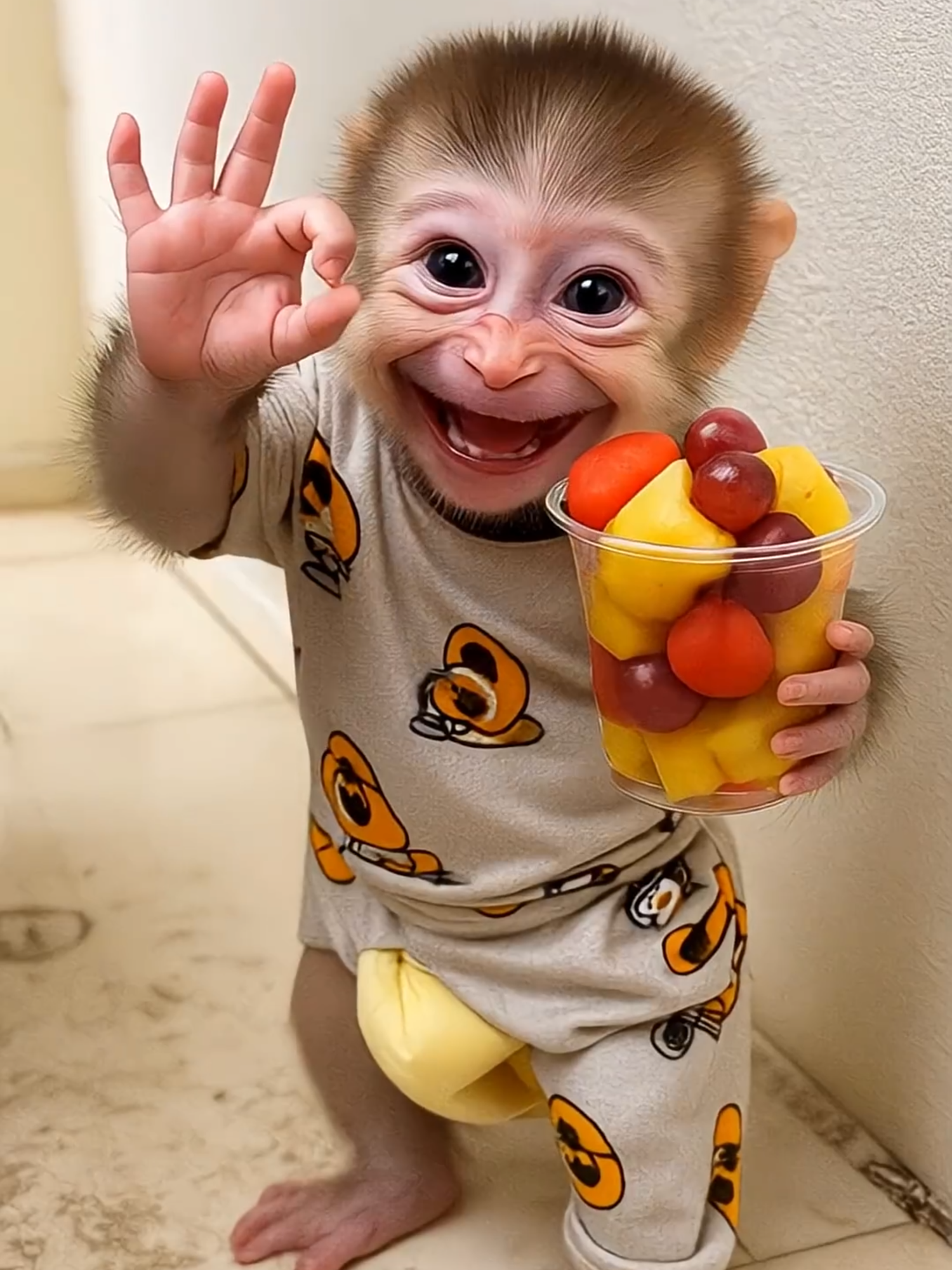 Baby Monkey Enjoys Fruit Cup Like a Pro 🍍🐒  #foryou #viralvideo #🍍🐒