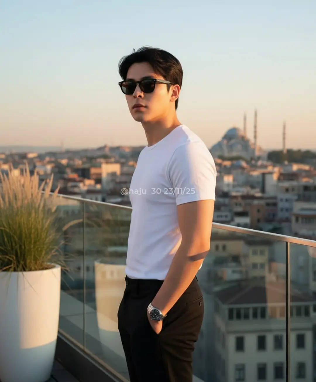 Prompt:  foto seorang pria muda (wajah sesuai foto referensi). ​Ekspresi: Tenang, cool, percaya diri, menoleh sedikit ke arah kamera tanpa senyum lebar (ekspresi stoik). ​2. Pakaian & Aksesori (Outfit) ​Atasan: Kaos oblong putih polos, pas badan. ​Bawahan: Celana panjang hitam chinos. ​Aksesori: ​Kacamata hitam (sunglasses). ​Jam tangan silver dengan strap logam di pergelangan tangan kiri. ​3. Pose & Sudut Pandang (Pose & Angle) ​Pose: Berdiri menyamping (profil) namun wajah menoleh ke arah kamera. Kedua tangan (atau satu tangan) dimasukkan ke dalam saku celana. ​Framing: Medium shot (pengambilan gambar dari pinggang ke atas). ​Angle: Eye-level (sejajar dengan mata subjek). ​4. Latar Belakang & Lokasi (Setting) ​Lokasi: Rooftop bar atau balkon gedung tinggi. Ada pagar pembatas kaca (glass railing) yang memantulkan sedikit bayangan. ​Pemandangan Kota: Latar belakang berupa cityscape padat dengan bangunan-bangunan bertingkat rendah hingga menengah. Terlihat kubah masjid atau bangunan bersejarah di kejauhan (memberikan nuansa kota seperti Istanbul, Turki). ​Elemen Tambahan: Di sebelah kiri ada pot tanaman besar berwarna putih dengan tanaman ilalang/rumput hias (ornamental grass). ​5. Pencahayaan & Suasana (Lighting & Mood) ​Waktu: Golden hour atau matahari terbenam (sunset). ​Langit: Gradasi warna lembut antara biru muda, oranye, dan sedikit merah muda. ​Cahaya: Pencahayaan alami yang lembut (soft natural light). Matahari berada di belakang atau samping subjek, menciptakan sedikit rim light pada lengan dan rambut, sementara wajah tetap terlihat jelas meski memakai kacamata hitam. ​Vibe: Lifestyle, luxury, casual, urban, influencer aesthetic, cinematic.