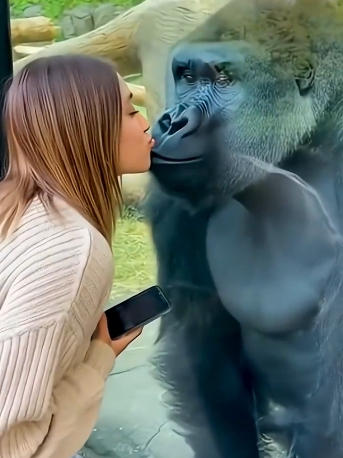 Gorilla got a kiss -And blushed 😂💋#girls #soraai2 #gorila #gorillakissing #girlkiss 