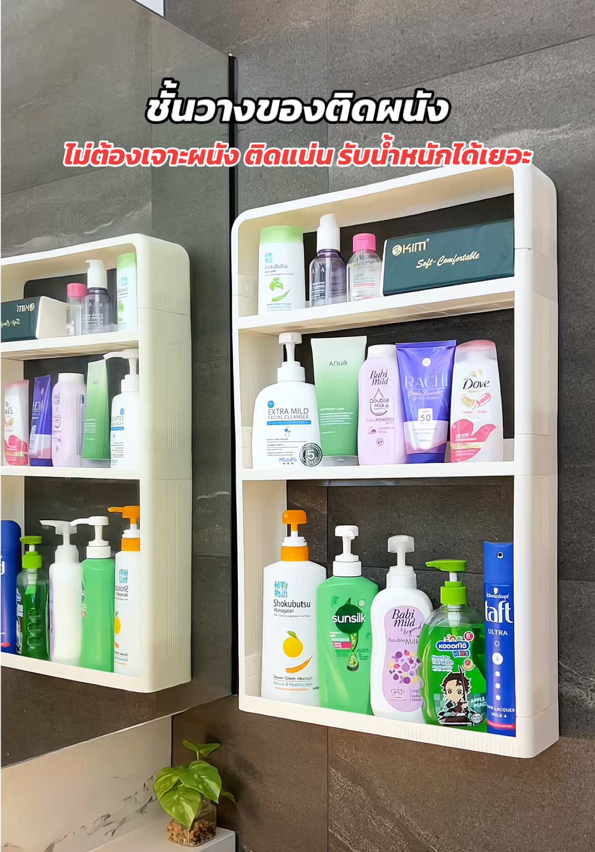 ชั้นวางของติดผนัง วางของได้เยอะ ประกอบง่าย วัสดุอย่างดี ติดแน่นไม่หลุดง่าย รับน้ำหนักได้เยอะแบบนี้เลย ใช้แล้วห้องน้ำดูเป็นระเบียบขึ้นเยอะ ##ชั้นวางของในห้องน้ํา##ชั้นวางของติดผนัง##ชั้นวางของติดผนังไม่ต้องเจาะ##ชั้นวางของอเนกประสงค์##ชั้นวางของมินิมอล