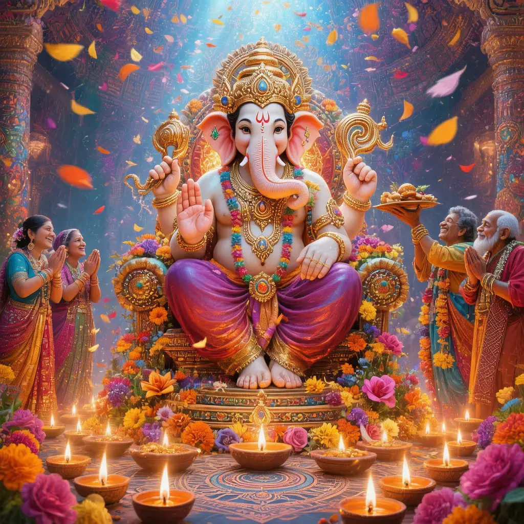 ✨ गणेश जी – सुख, समृद्धि और बुद्धि के देवता ✨ भक्ति और रंग-बिरंगे फूलों से सजे गणेश जी, दीपक जलते हुए, बच्चे से लेकर बुजुर्ग तक सब पूजा करते हुए। यह दृश्य देखते ही मन को शांति और आनंद का अनुभव होता है। 🌸🪔 #ganesha #foryoupage #creatorsearchinsight #Devotional #Bhakti 