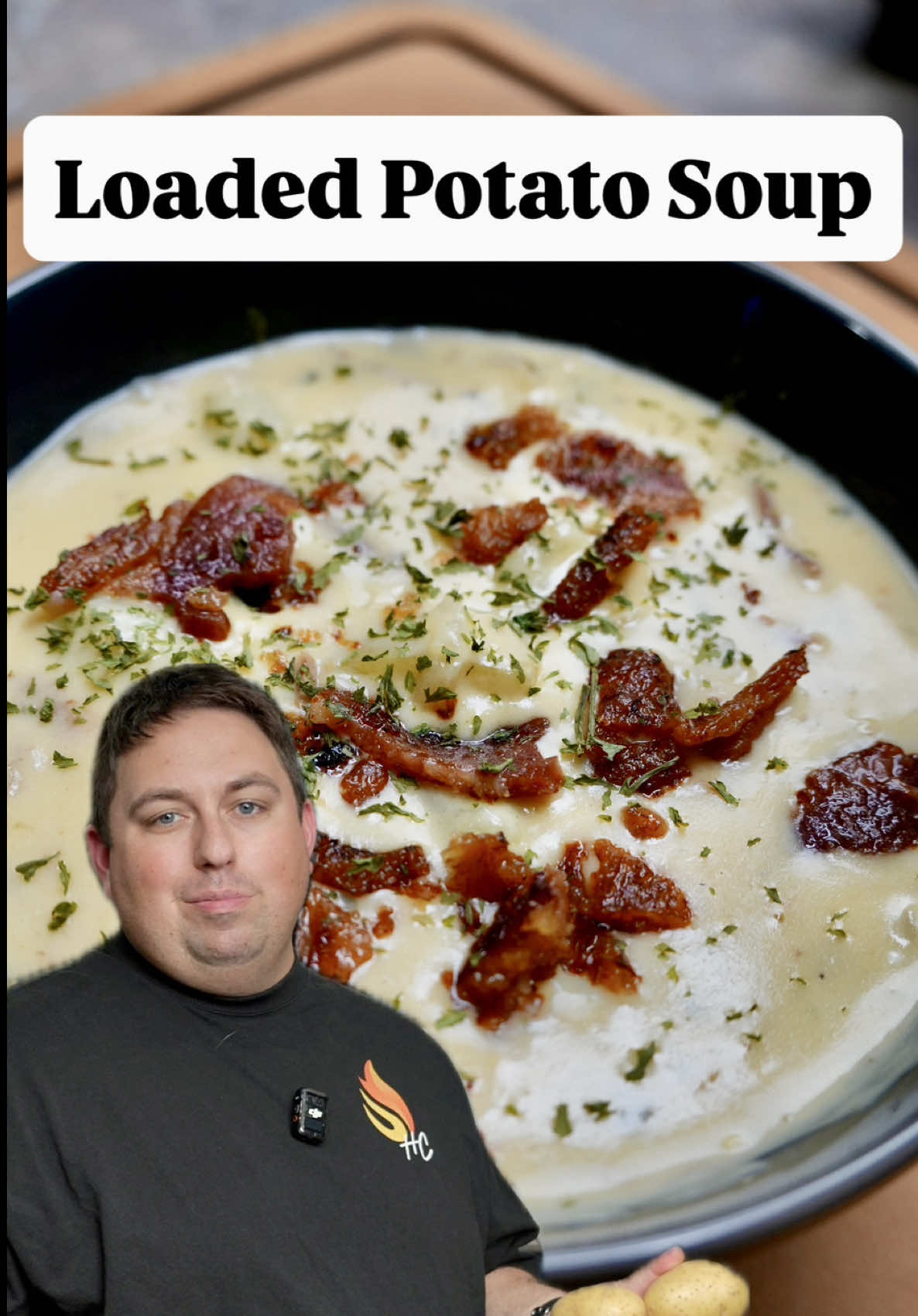 My Wife Has Been Begging Me To Make This… Loaded Potato Soup 4 large Russet potatoes cleaned 4 tbsps butter 2 tbsps garlic 1/2 chopped yellow onion 1/2 cup Flour 3 cups Milk 4 cups chicken stock (divided in half) Salt, pepper, and garlic powder to taste 1/2 cup sour cream 16 oz velvetta cubbed 3-6 crumbled strips of bacon Optional*** Garnish with bacon and green onion Poke holes in the potatoes with a fork, microwave them for 12 to 15 minutes until tender. Halve the potatoes and cut into chunks to cool In a large pot, melt butter over medium-low heat.  Add garlic and onion and cook until the onion is translucent Slowly whisk the flour into the pan and stir til slightly browned.  Slowly whisk in the milk 1 cup at a time. Then add the 1/2 chicken stock. Bring to a light simmer and whisk in the salt, garlic powder and pepper. Let come to a light simmer and thicken stirring occasionally  Add velvetta, bacon and the sour cream and stir til smooth Turn off heat, and fold in potatoes  I garnish with green onion and a little bacon and my wife LOVES IT, good luck!  Ps: I use half the chicken stock when I cook the soup and when I put it away for leftovers I add the additional 2cups to thin it out…. Personal preference, you’ll see #holmescooking #potatosoup #mealideas #cookingvideo #Recipe 