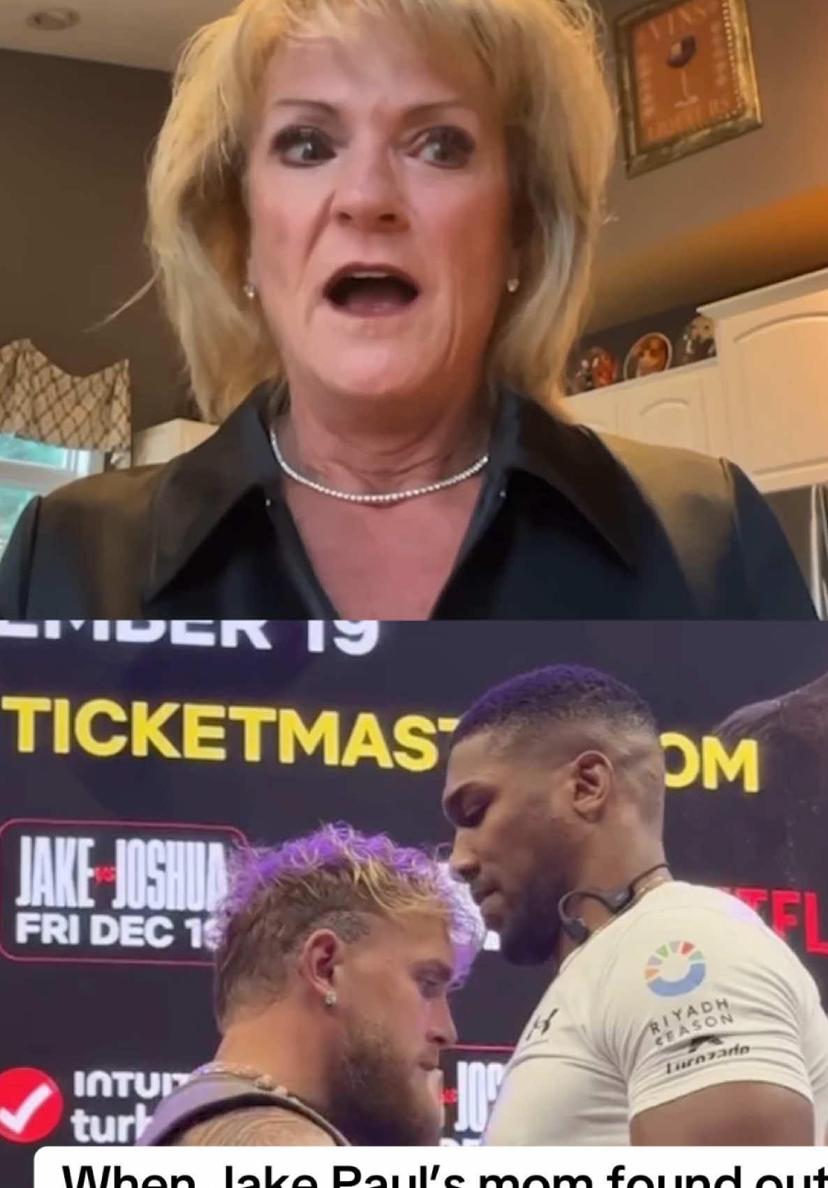 “Are you crazy? … I’m terrified.” 😭 Jake Paul’s mom’s reaction after he told her that he’s fighting Anthony Joshua 😅 🎥: @Jake Paul  #JakeJoshua Friday, December 19 LIVE only on Netflix #JakePaul #AnthonyJoshua #Boxing 