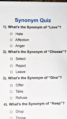 Synonym quizzes -can you get all of them ?. #synonyms #synonymquiz #quizchallenge #quiztime #trivia 