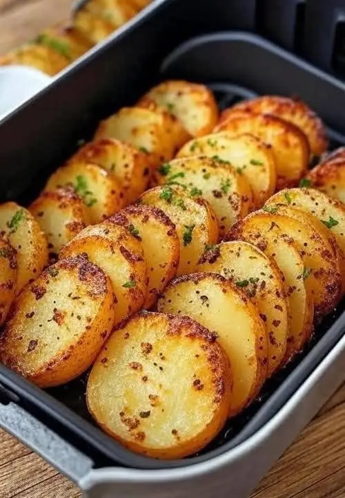 Crispy Garlic Butter Potatoes Ingredients: 5–6 medium potatoes 3 tbsp butter (melted) 2 tbsp olive oil 3 cloves garlic (minced) Salt & pepper to taste Fresh parsley (chopped, for garnish) Instructions: Prep potatoes: Peel and slice potatoes into thick, even rounds. Boil for 5–7 minutes until just tender. Drain and pat dry. Season: Mix melted butter, olive oil, minced garlic, salt, and pepper. Brush mixture over both sides of potatoes. Bake or air-fry: Arrange slices upright or flat in a baking dish or air fryer basket. Oven: Bake at 400°F (200°C) for 30–40 minutes until golden and crispy. Air fryer: Cook at 375°F (190°C) for 20–25 minutes, shaking halfway. Finish: Sprinkle with chopped parsley and a little extra melted butter before serving.