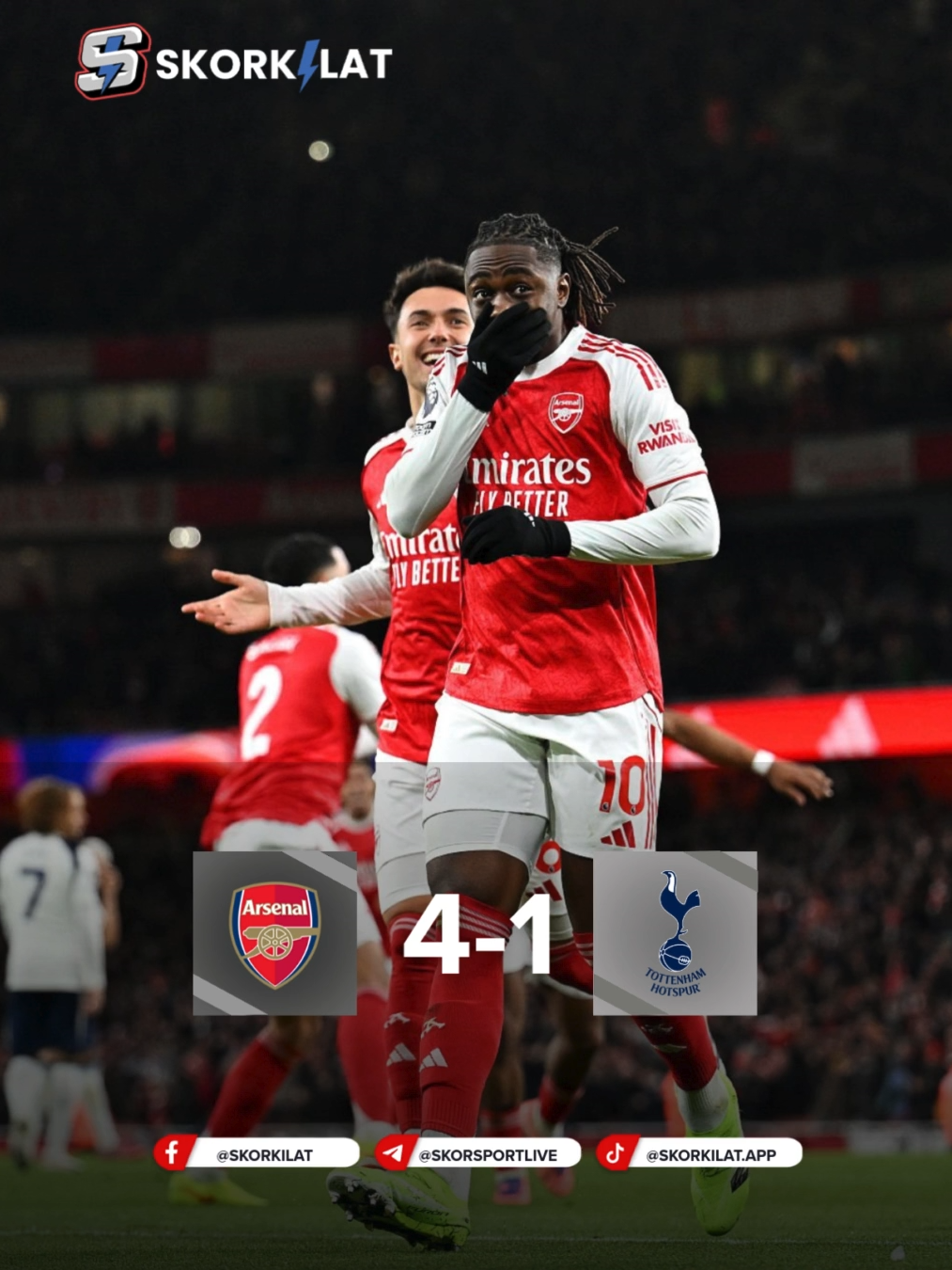 DERBY LONDON MILIK ARSENAL! 🔥 The Gunners mengamuk dan menghajar Tottenham 4–1! Stadion langsung bergemuruh… tapi fans Spurs cuma bisa diam. 😅 Siapa yang paling gacor menurut kalian tadi malam? 🤔👇 Arsenal 4–1 Tottenham  Derby panas, hasilnya sadis! Tulis pendapat kalian:  Tottenham layak kalah atau Arsenal terlalu kuat? 🔗 Update bola & live streaming ada di bio! #skorkilat #arsenal #tottenham #northlondonderby #premierleague #hasilpertandingan #gunners #coyg #jadwalbola #beritabola #bolaindonesia #timnasindonesia #garudafans