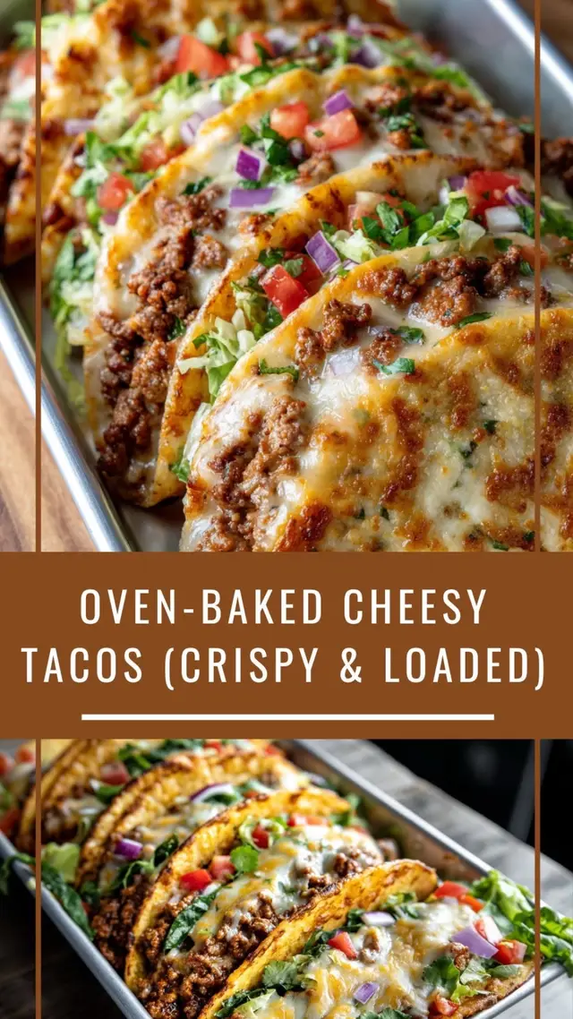 Ingredients (Makes 10–12 tacos) • 1 lb ground beef • 1 packet taco seasoning • ½ cup water • 10–12 hard taco shells • 1½ cups shredded cheddar cheese • 1½ cups shredded Monterey Jack cheese • 1 cup shredded lettuce • 1 cup diced tomatoes • ½ cup diced red onion • Sour cream, salsa, or guac (for topping) • Optional: jalapeños, cilantro, hot sauce --- Instructions 1. Preheat oven to 375°F (190°C). 2. Cook beef: In a skillet over medium heat, brown ground beef. Drain excess fat. Add taco seasoning and water. Simmer until thickened. 3. Prep shells: Line taco shells upright in a baking dish. Fill each with a spoonful of seasoned beef. 4. Add cheese: Sprinkle cheddar and Monterey Jack generously over the beef. 5. Bake: Place in oven for 10–12 minutes, or until cheese is melted and shells are crispy. 6. Top & serve: Load with lettuce, tomatoes, onion, and your favorite toppings. Serve hot and melty.  #CheesyT#CheesyTacosak#OvenBakedGoodnessig#TacoNightUpgradeyA#CrispyAndLoadedinnerIdeas