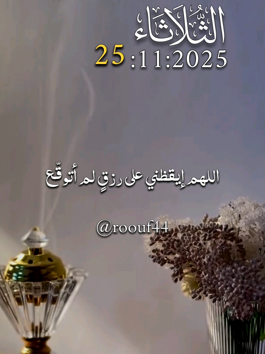آلَلَهّمً إيَقُظُنِيَ عٌلَﮯ رزٍقُ لَمً أتٌوٌقُعٌ #دعاء_يوم_الثلاثاء  25:11:2025 #اللهم_امين_يارب_العالمين #اللهم_صلي_على_نبينا_محمد #دعاء_يوم_الثلاثاء 🕊🕊 roouf44@ ꧁꧂ #🤲🤲🕋🕋🤲🤲 