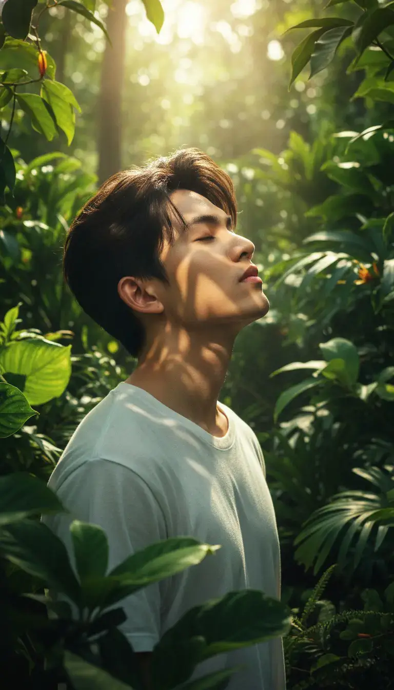 Sebuah foto sinematik hiper-realistis resolusi 8k dari seorang pria muda (foto terlampir). Diambil sebagai potret profil samping (atau sedikit tiga tekuk), kepalanya terangkat ke atas dengan dagu sedikit terangkat, mata tertutup lembut, menunjukkan ekspresi tenang dan kontemplatif seolah sedang menikmati sinar matahari. Ia mengenakan kaos katun berwarna terang sederhana. Ia dikelilingi oleh hutan tropis yang lebat dan rimbun, dengan berbagai daun hijau besar dan dedaunan yang kaya. Sinar matahari alami yang cerah menembus kanopi dari atas dan samping, menciptakan pola cahaya bertotol-totol dan bayangan kuat di sisi wajahnya, rambut, leher, dan dedaunan sekitar, menghasilkan sorotan yang indah. Didominasi oleh hijau zamrud dan hijau hutan yang kaya dari dedaunan, dekorasi indah oleh kuning keemasan yang hangat dari sinar matahari yang terfilter. Fokus sangat tajam pada wajah pria muda, kedalaman sedikit di bawah ekstrem, rentang dinamis tinggi, potret editorial cahaya alami. #ai #viral #prompt #fyp #masukberanda 
