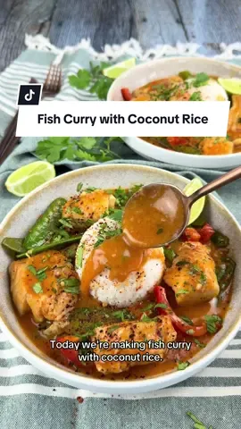 Fish Curry with Coconut Lundberg Organic White Jasmine Rice- it is rich, creamy and packed with so much flavor! #lundbergpartner  Ingredients:  1.5 lbs cod 8 oz snow peas  1 red bell pepper  1 can coconut milk + the remainder from the can you used for coconut rice, about 1/2 cup 2 tbs avocado oil  1 inch knob fresh ginger, grated  3 garlic cloves, crushed/grated  3 tbs red Thai curry paste  1 lime, juiced + zested  Cilantro  1 tsp salt  1 tbs fish sauce  1 tbs coconut sugar or any  2 tsp cornstarch + 2 tbs water  Black pepper, to taste  Coconut rice: 2 cups @lundbergfarms Organic Certified White Jasmine Rice  2 cups water  1 cup coconut milk  1 tsp salt  Method:  Add coconut rice ingredients to a rice cooker and set it aside;  Slice red pepper and clean snow peas;  Slice fish into pieces; season with salt and pepper;  Add avocado oil to a pan and sauté ginger and garlic until fragrant; add red curry paste coconut milk, coconut sugar, fish sauce, lime zest + juice, salt and pepper and add fish; cover and cook for about 2 minutes; add peppers and snow peas, cover and cook for a few more minutes; pour cornstarch slurry and top with cilantro;  Serve with coconut rice, top with cilantro, crushed red pepper and enjoy! 