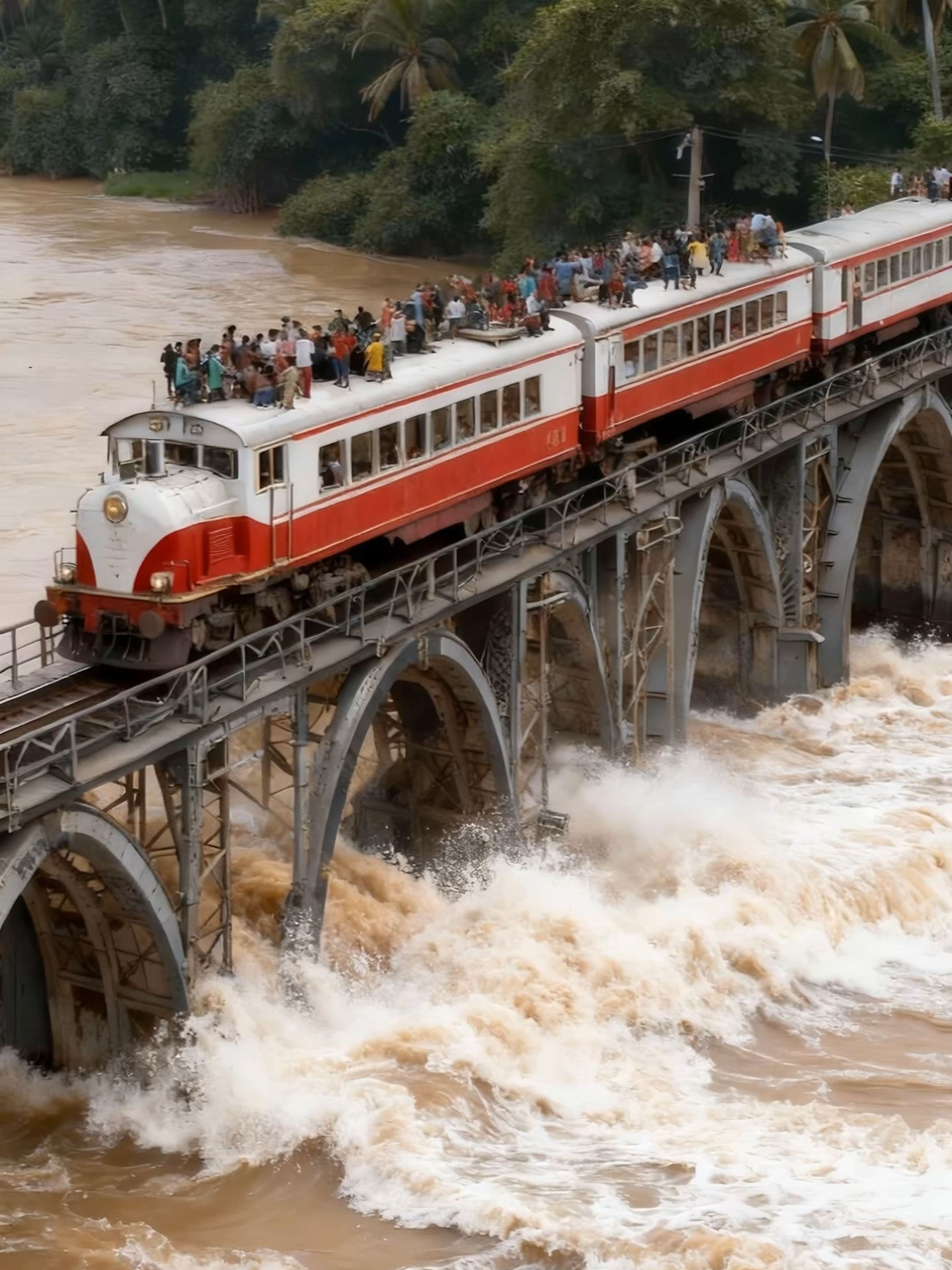 洪水暴涨掏空桥墩，钢铁桥梁突然坍塌，整列火车坠入激流！ #火车事故 #桥梁坍塌 #洪水现场 #极端天气