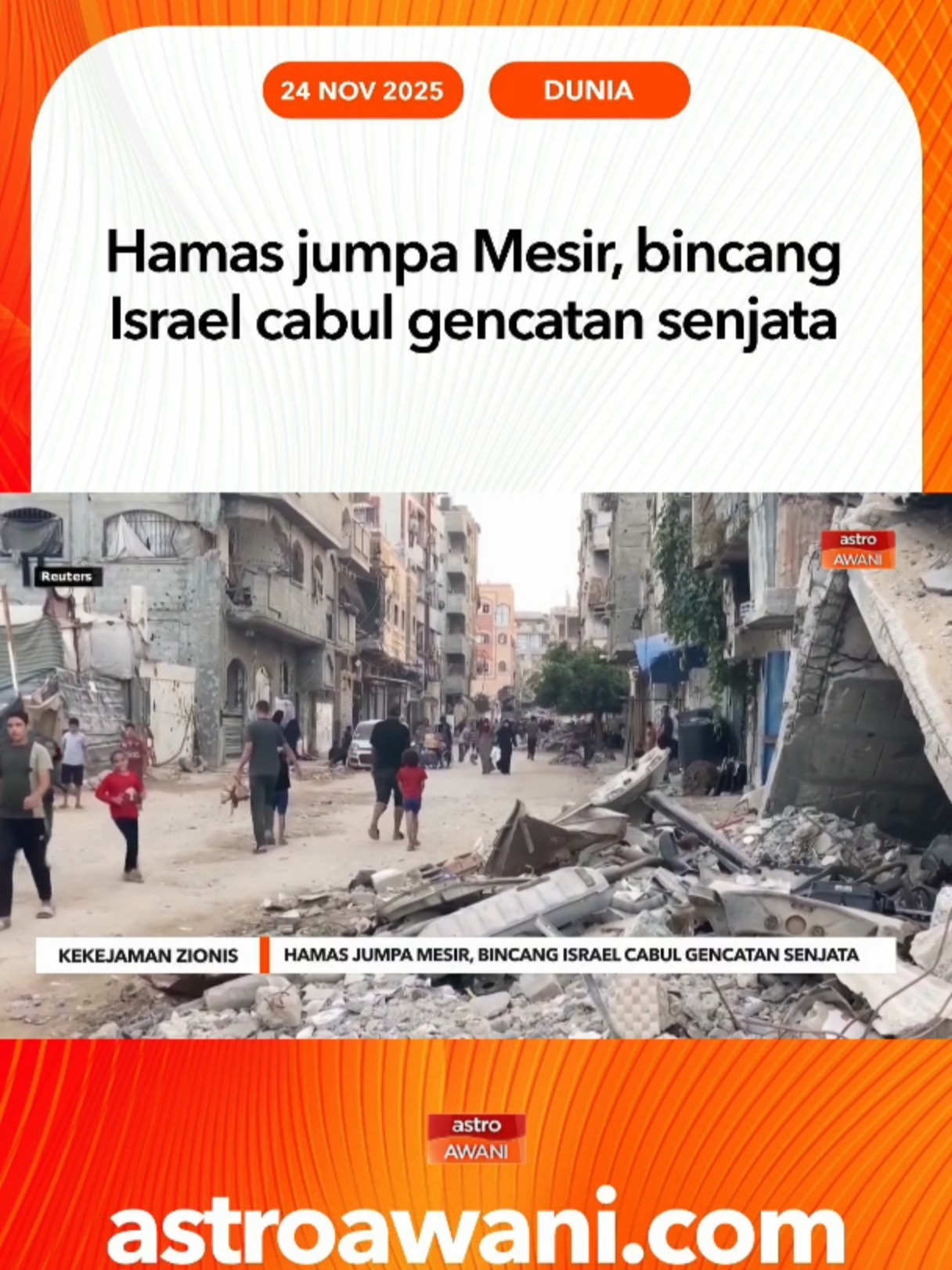 Delegasi tertinggi Hamas mengadakan pertemuan dengan Ketua Perisikan Mesir di Kaherah pada Ahad bagi membincangkan pelaksanaan perjanjian gencatan senjata serta keadaan terkini di Gaza, ketika Israel dan gerakan Palestin itu terus saling menuduh melakukan pelanggaran truce. #AWANInews