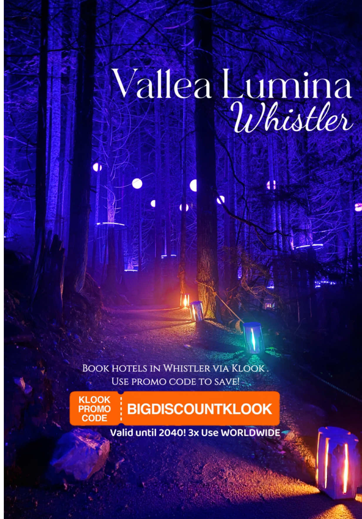 Such a magical experience! ✨❤️ 📌 Vallea Lumina Whistler 📍 Address: Sixteen Mile Creek Forest Service Road, Whistler BC V0N 1B8, Canada (Cougar Mountain Basecamp) Ticket Prices: 	•	Adults: From CAD $54.99 	•	Kids (0-5 years): Free ⏰ Opening Hours: 	•	Evening experience; show starts at nightfall (start time varies by season) ⸻ What’s Included 	•	Access to Cougar Café and firepits at Basecamp, plus a selection of games. 	•	Complimentary round-trip shuttle from the Gateway Bus Loop in Whistler Village to the Basecamp. Make sure to select the ticket option with shuttle included to secure your seat. 	•	Parking available on-site, limited and first-come, first-served. 	•	Shuttle capacity: 24 guests per vehicle. ⸻ ✨ Planning to stay nearby? Book hotels in Whistler via Klook and use promo code: BIGDISCOUNTKLOOK #ValleaLumina #WhistlerBC #WhistlerCanada #ExploreWhistler #vancouver