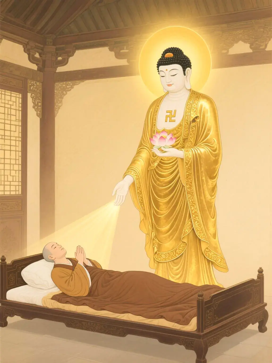 临终须知： 一、 病重者念佛，只可一心求往生极乐世界，不可求病好。因寿数有定，若寿限已到，求病好，也不能好，又因不求往生，命终只有轮回。求往生，若命不当终，也不会即死，反而因为心无挂碍，称顺佛心，感应神效，故能业障速消，疾病速愈；若寿命当终，即顺利往生成佛，正是快事。 二、 病重不可治，当善巧令知病情，使有心理准备，一心念佛求愿往生。若一味隐瞒，说「你没事，会好起来」，等于强求病人为了其他健康人而坚持活下去，不允许他离开，而病人此时绝不可能做到，故有极大的心理压力和情感拉扯。到最后，病者与家人谁都没有勇气，捅开这最后一层窗户，便一直拖延，最后病者在慌乱中糊里糊涂地死去，失去往生成佛的大好机会。这对病者极为不利，也是不负责任。此时若以勇气、爱心说出真相，并介绍阿弥陀佛、极乐世界，病者必然如释重负，前途充满光明。 三、 医药无治，或病人自知临终，要求回家，不愿再治时；当速回家，不可勉强在医院。因医院环境令病者身心不安，而家中温​​馨安稳。若碍于条件，不能即刻回家中，只宜人性化保守护理，不可强行施治，尤其不可于临终时刻施打强心针、急救、使用复苏器等，此令病人极度痛苦，等于推其下地狱。 四、 命终不可哭泣，以免牵动亡者情爱，障碍往生。当一心念佛，助其往生。若悲不能忍，当离开至远处小声哭泣，情绪稳定后，再来念佛。 五、 命终不可立即更衣、搬动等，因亡者此时神识尚未离体，任何触动皆令其受大苦恼。更不可立即送冰库，令亡者如入寒冰地狱。如有条件，最好念佛至八小时，或更长时间之后，再为换衣等。若体僵，用热毛巾捂关节，即能曲动。 六、 助念唯念「南无阿弥陀佛」，即使《阿弥陀经》也不用念，《地藏经》、其他佛菩萨名号、咒语等，一概不念。因为此时唯有一句南无阿弥陀佛神效立即，其他皆缓不济急。 七、 助念者唯一心念佛，视情况适当开示，不可频频掀看亡者头面、探试体温等。 八、 开示可参考《临终开示》（下文），据情加减。开示与念佛可反覆交叉，然以念佛为主。不可长篇大论，长时间开示，而少念佛。因病者精神不足，亡者神识迷闷，若长时间开示，则神情涣散；须靠佛号摄持，方能安定心神。 九、 病者临终，一切皆赖余人相助，家亲眷属之善解助成尤为重要，以上诸条能做到几分即做几分，行有不及，当一心念佛，为病亡者祈愿，消除业苦，速生极乐。 十、 临终助念，乃是为平生不念佛的人，或虽念佛而只求世间福报、不求往生的人，以及杂行杂修、一生担心往生不定的人，为他们所开之特别补救的方法；令其于人生最后关头，通身放下、彻底靠倒阿弥陀佛，乘佛愿力，安然往生。并非平时不念佛只等临终助念，也非平时念佛无用，更不是说必须经过临终助念才能往生。 摘自《净土宗网站》 🙏南無阿彌陀佛🙏 #南無阿彌陀佛 #净土宗 #念佛 #往生极乐世界 #佛法 