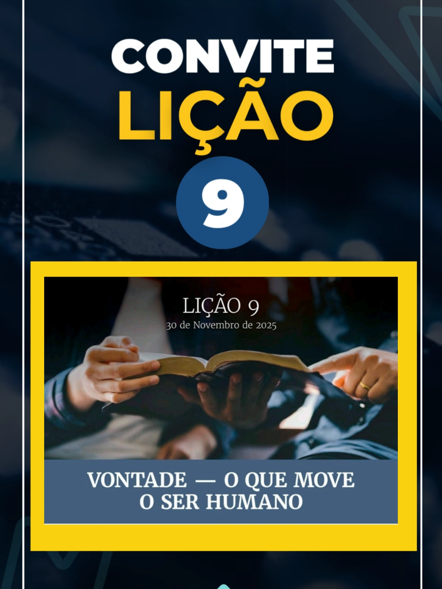 📚✅️ Lição 9: Vontade — O que move o ser humano As nossas escolhas refletem nossa maturidade espiritual. Teologicamente, a vontade revela o conflito entre carne e Espírito e a necessidade de rendição ao senhorio de Cristo. Pedagogicamente, ela desperta consciência e responsabilidade diante das decisões diárias. TEXTO ÁUREO “Digo, porém: Andai em Espírito e não cumprireis a concupiscência da carne.” (Gl 5.16). VERDADE PRÁTICA Guiada por Deus, a vontade é uma bênção extraordinária, vital para a existência humana. #escoladominical #escolabiblica #licao9 #ebd #ebdcpad 
