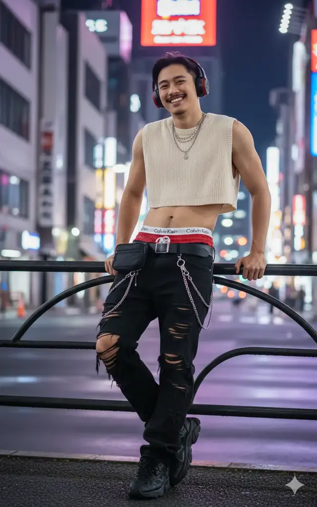 Fotografi resolusi tinggi seorang model pria Asia (referensi wajah terlampir) yang sangat bugar, tersenyum lebar, mengenakan sweter rajut crop top warna krem yang memperlihatkan perutnya, ia memakai celana dalam Calvin Klein putih, celana pendek merah bertali putih, memakai celana jeans hitam (robek bagian lutut) bergaya edgy yang dilengkapi rantai-rantai, dan ia memakai sepatu kets tebal berwarna hitam. Dia berdiri sedikit menyamping dengan pose percaya diri bersandar pada pagar pembatas besi hitam, dengan kedua tangan bertumpu pada pagar. Di kepalanya, dia mengenakan headphone nirkabel berwarna hitam, dan di lehernya ada beberapa kalung perak. rantai perak menggantung dari celana jeansnya. Latar belakangnya adalah pemandangan kota malam yang ramai dan buram, dengan lampu-lampu terang dari papan reklame dan bangunan yang menciptakan suasana perkotaan yang dinamis dan modern, kemungkinan di Jepang, dengan fokus pada kedalaman bidang yang dangkal untuk membuat model menonjol. Cahaya neon ungu dan biru memantul dari permukaan jalan, menambah nuansa futuristik pada gambar.