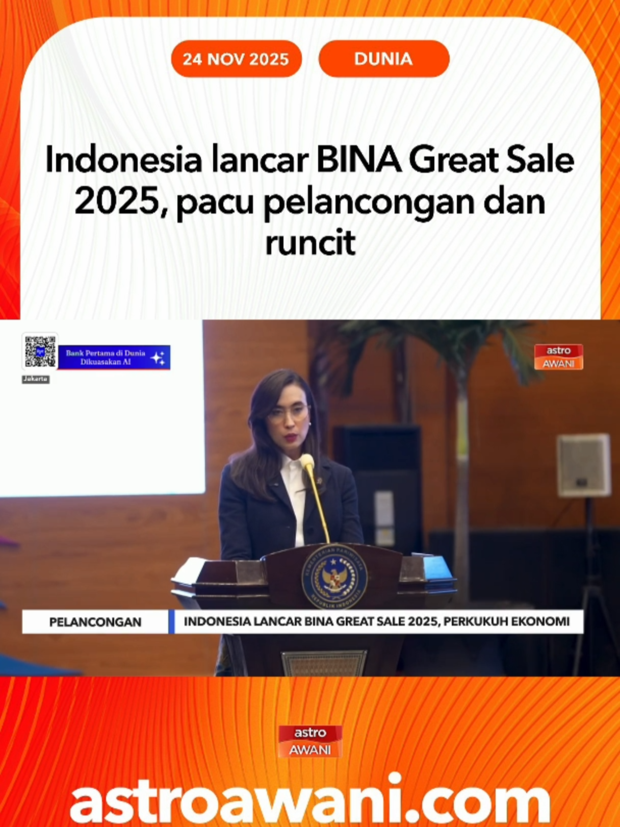 Inisiatif bertemakan “Wisata Belanja di Indonesia Aja” itu dijangka menjana transaksi bernilai IDR 30 trilion (AS$1.7 bilion) serta memberi kesan positif kepada ekonomi negara. #AWANInews